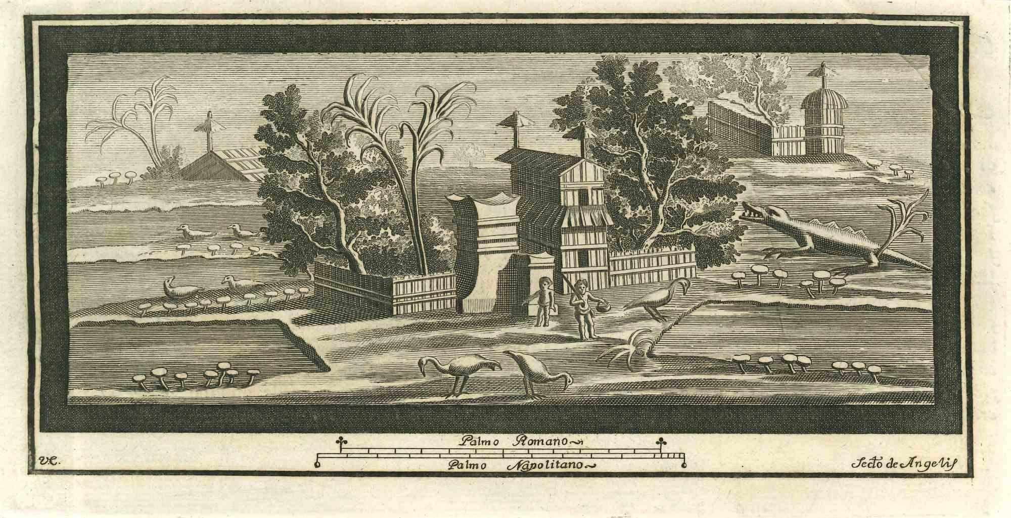 Pompeian Fresco Landscape from "Antiquities of Herculaneum" is an etching on paper realized by Secondo De Angelis in the 18th Century.

Signed on the plate.

Good conditions.

The etching belongs to the print suite “Antiquities of Herculaneum