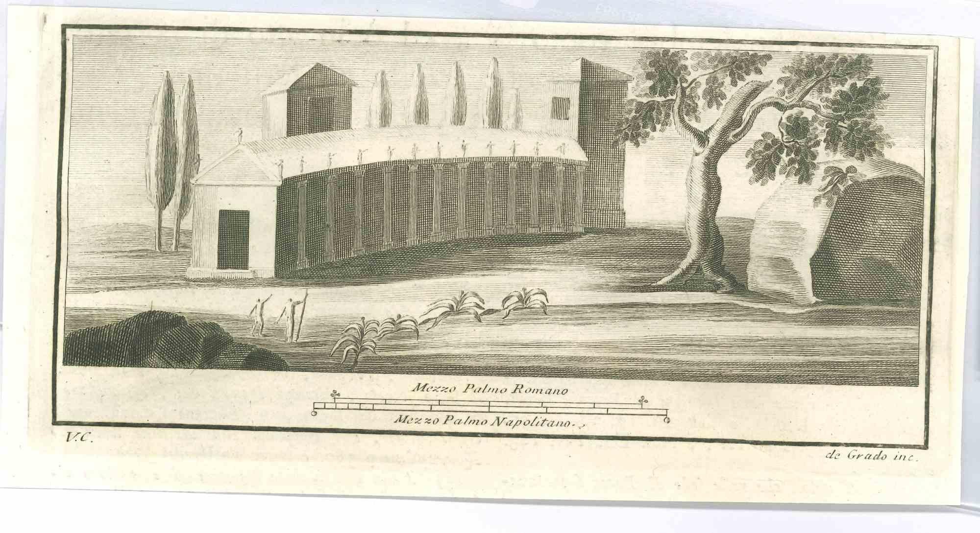 Römisches Tempelfresko aus den "Altertümern von Herculaneum" ist eine Radierung auf Papier von Filippo De Grado aus dem 18. Jahrhundert.

Signiert auf der Platte.

Gute Bedingungen.

Die Radierung gehört zu der Druckserie "Antiquities of Herculaneum
