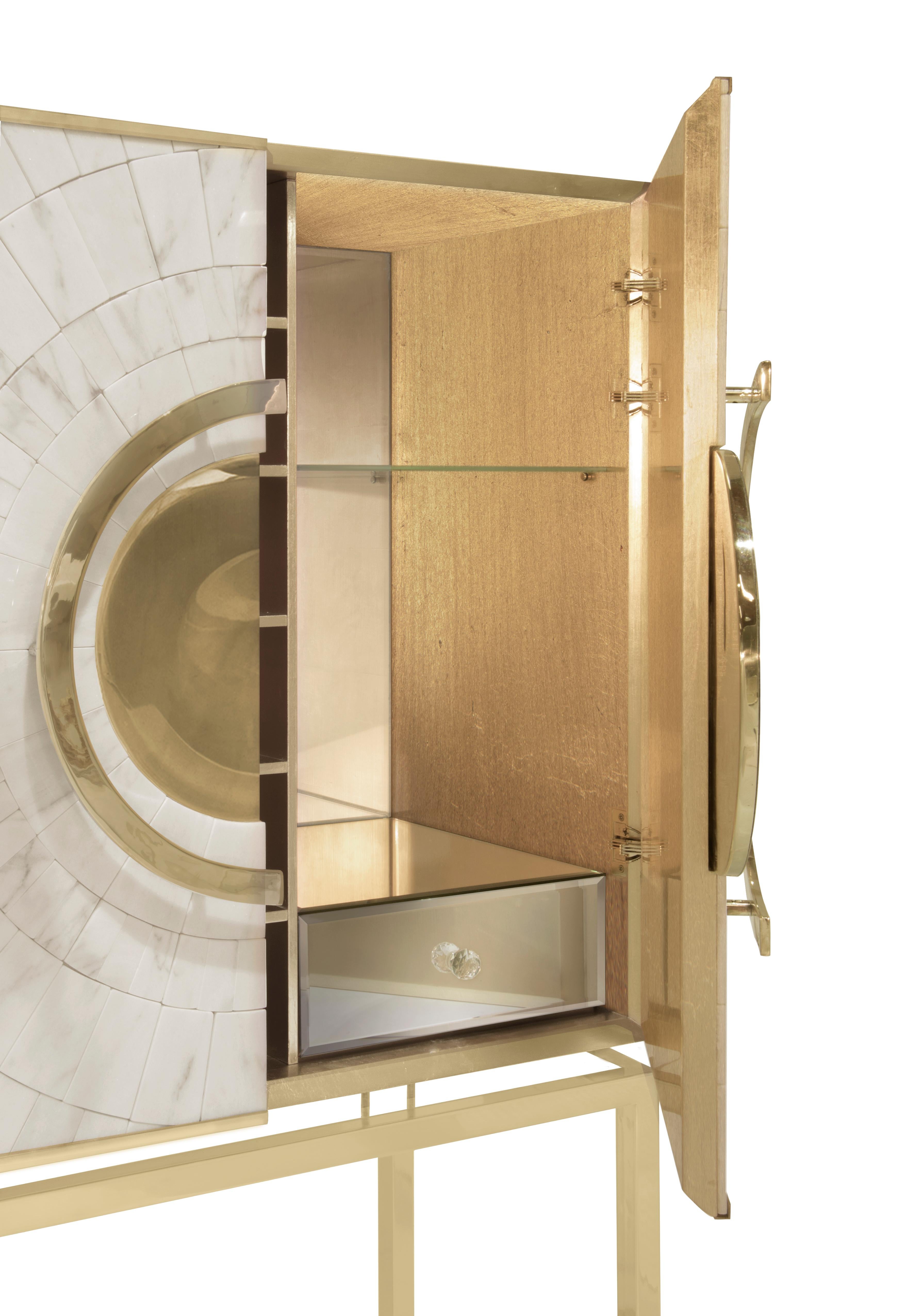 Secret Bar Cabinet by Memoir Essence
Dimensions: D 50 x W 90 x H 165 cm.
Materials: Brushed brass, gold leaf and white marble.

Also available in brushed brass and polished stainless steel. Please contact us.

With a sophisticated and timeless