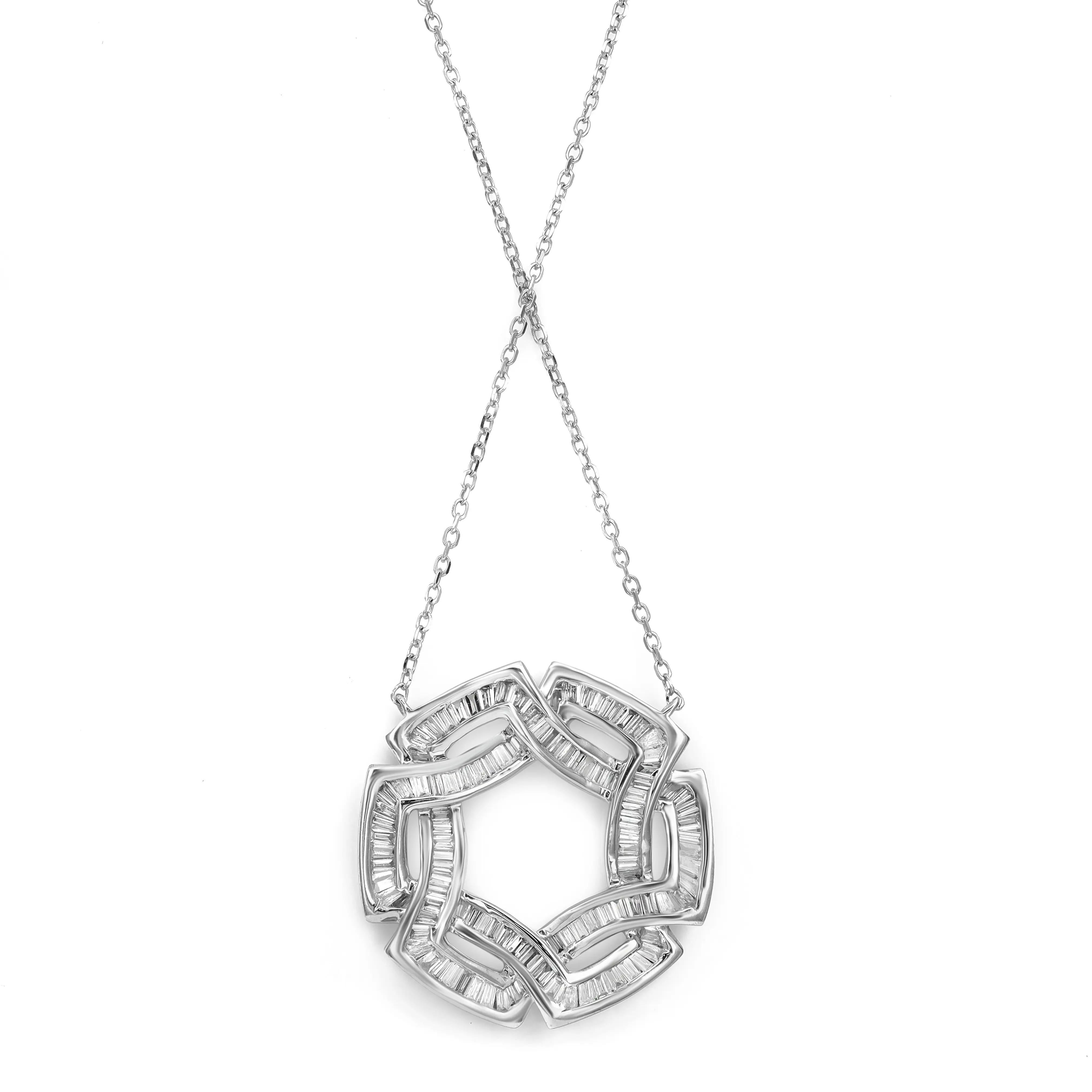 Elevate any outfit with this beautiful secret circle pendant necklace. Crafted in 14K white gold. This pendant features two intertwined circles, symbolizing unity and everlasting love. Adorned with channel set sparkling baguette cut diamonds