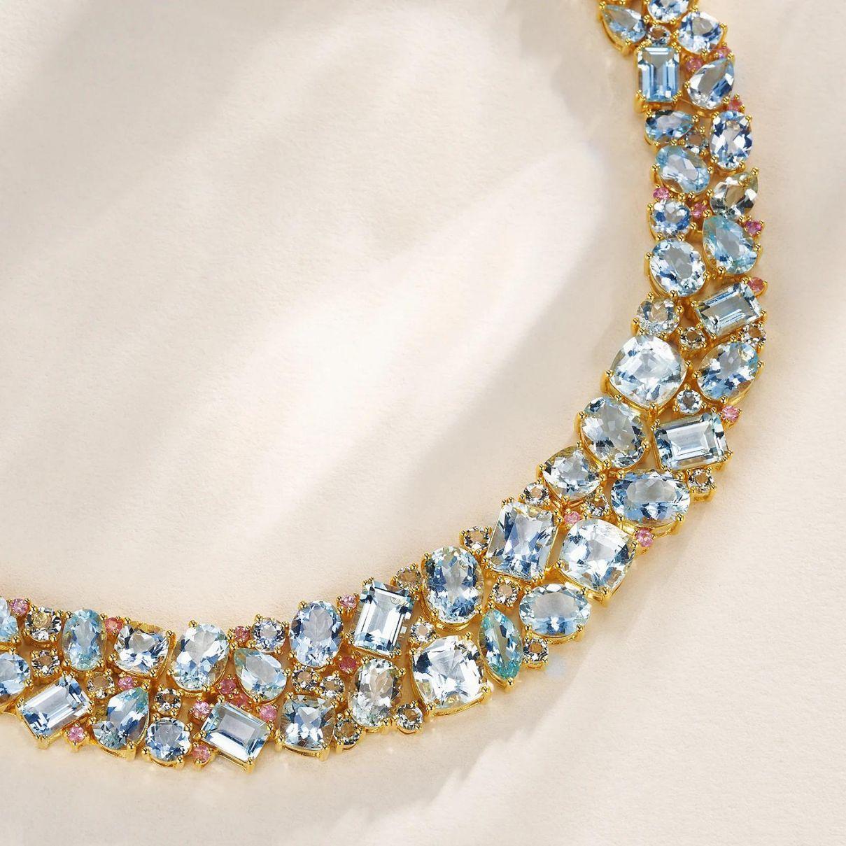 Mixed Cut Nina Zhou Ocean Life Aquamarine, Topaz & Pink Sapphire Collar Necklace For Sale
