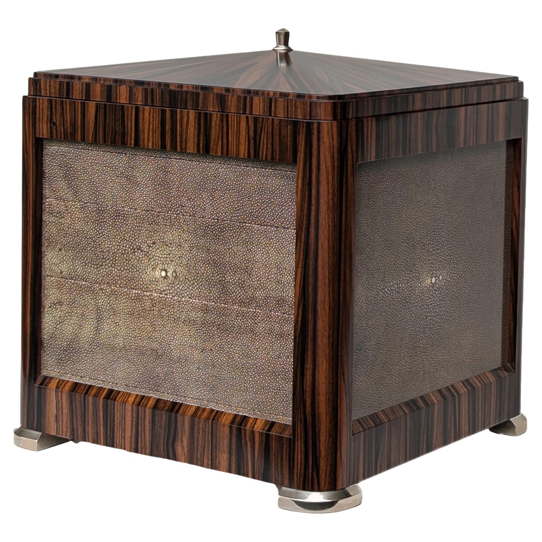 Caja expositora secreta para joyas y bolígrafos. Piel de ébano de Macassar y Shagreen.