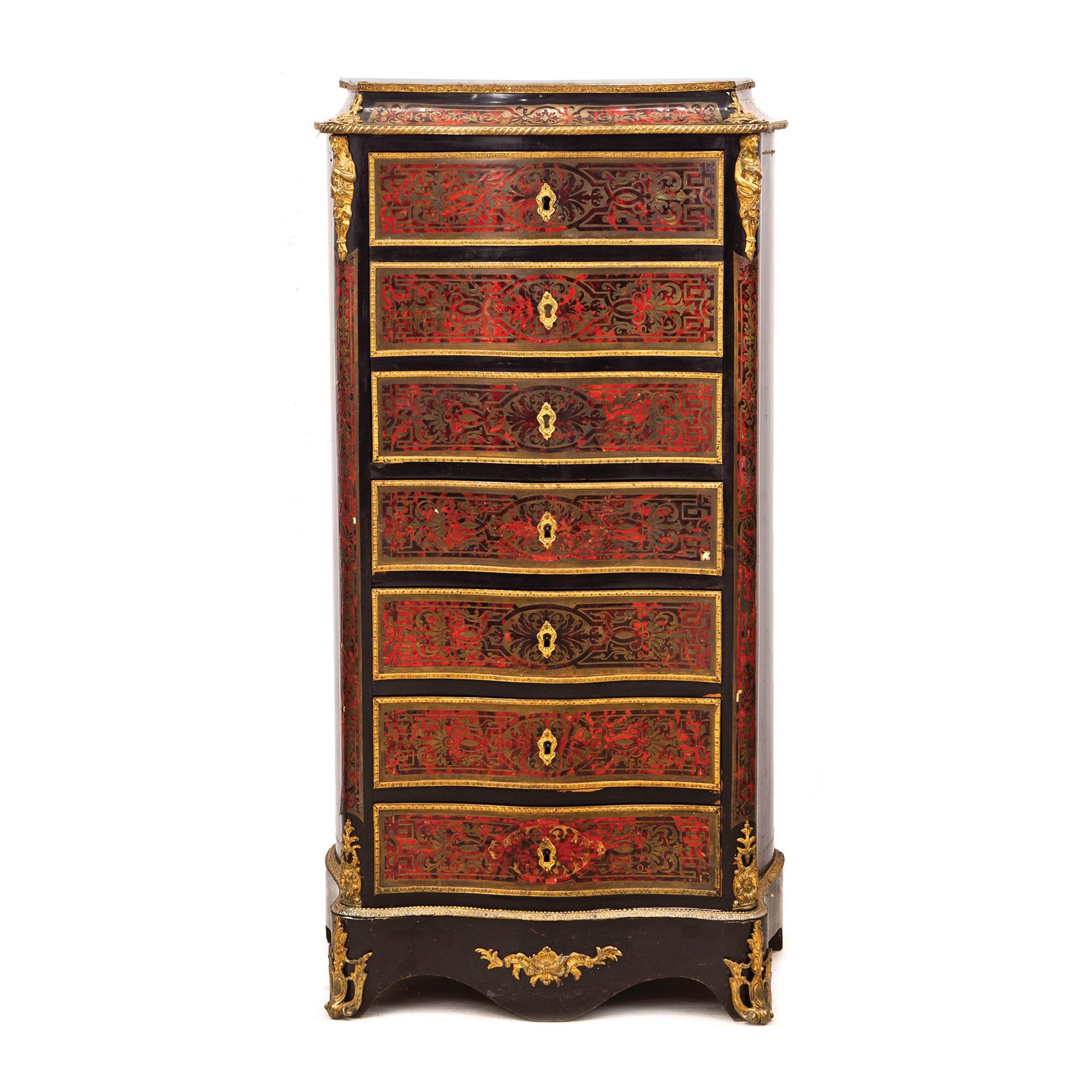 Secretaire À Abattant Napoleon III
In ebonized wood
19th century
Boulle type decoration in Carey and golden brass.
With bronze applications and marble cover. Some lack.
Measures: 118 x 37 x 62 cm.