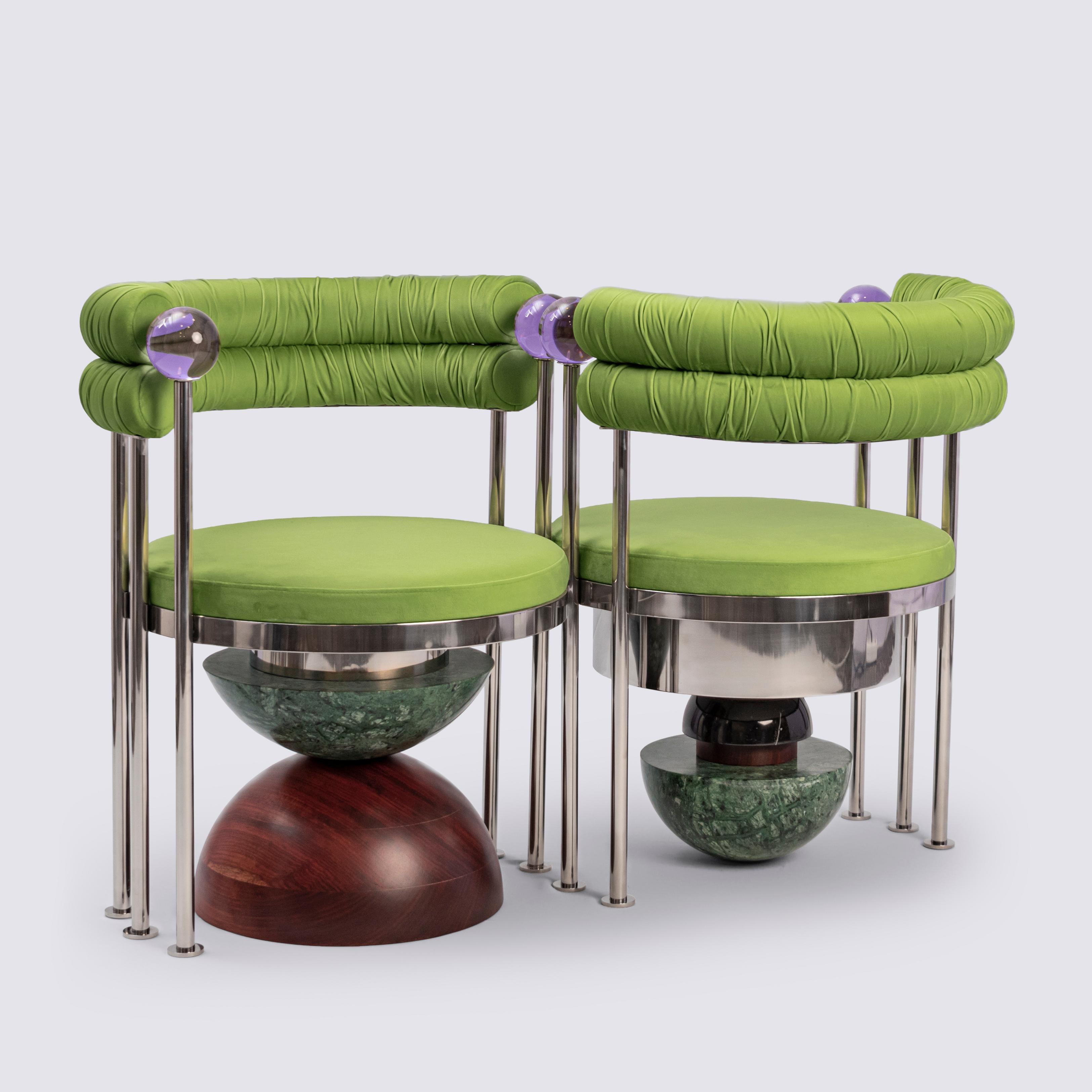 Secretaire chair from Mas Creations by Masquespacio
Dimensions: 60 x 112 x H 70.2 cm
Materials: stainless steel, inkjet printed velvet, high density polyurethane foam padding, Green Indio marble, Black Devonian marble, Etimoe Wood, glass

The