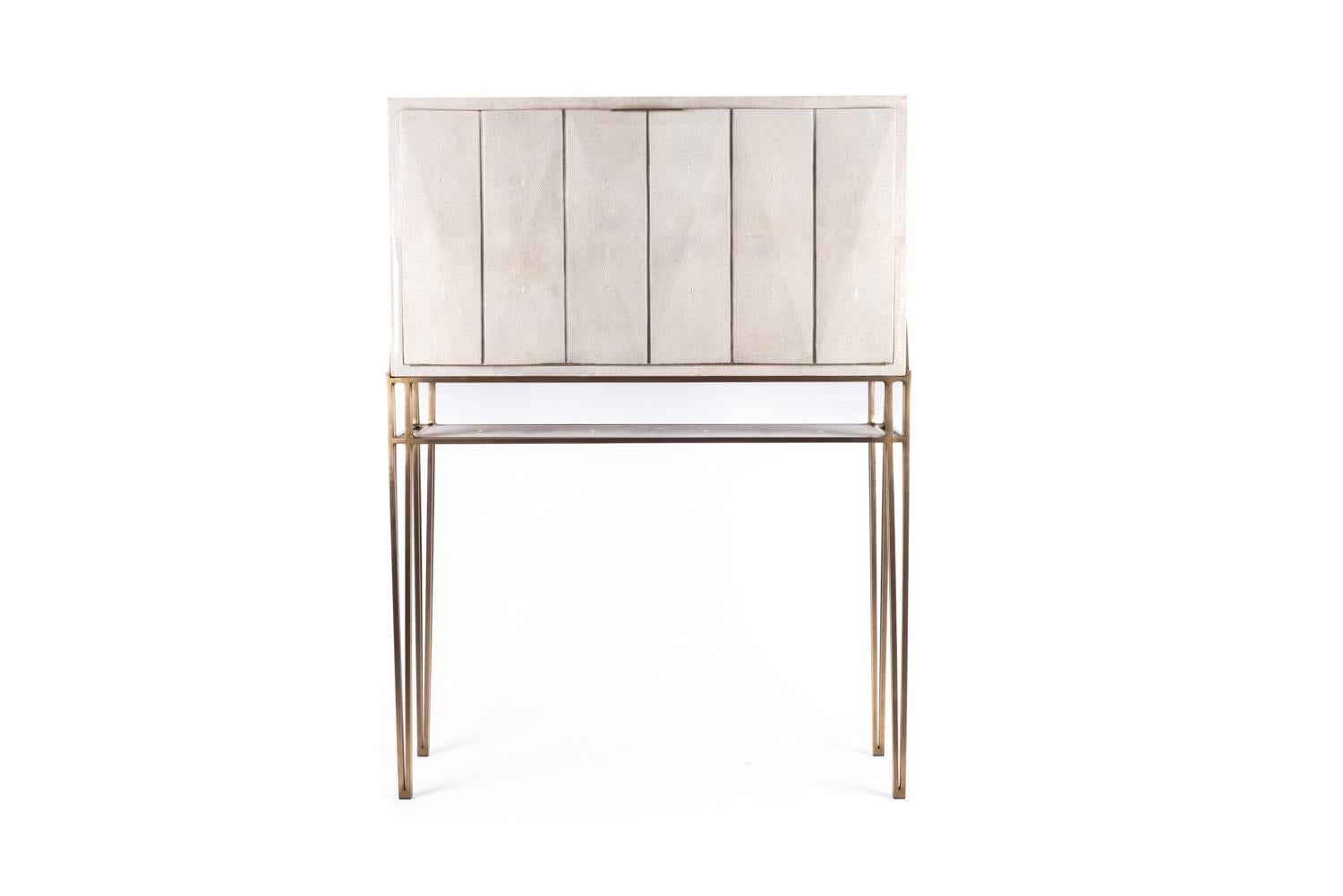 Art Deco Secrétaire Desk in Cream Shagreen and Bronze-Patina Brass by R&Y Augousti For Sale