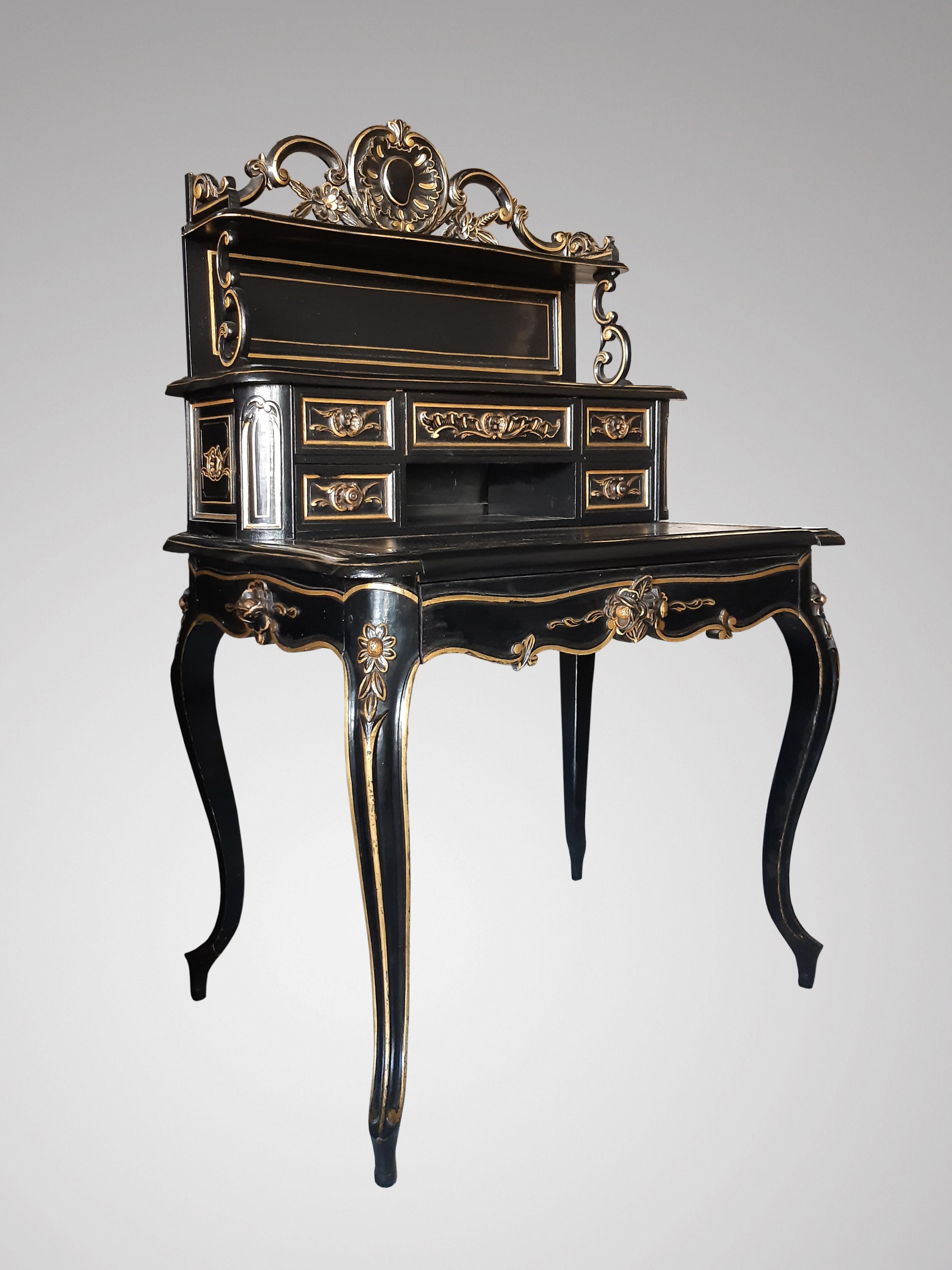 Hand-Painted Secretaire Happiness of the Day Small Black Desk Napoleon III french antiquity