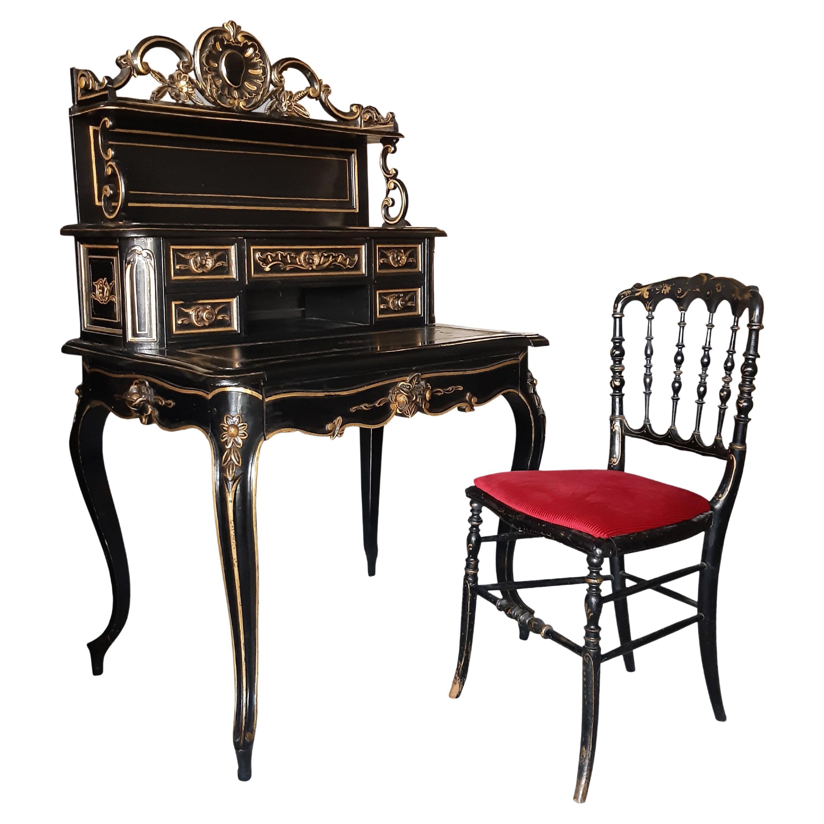 Secretaire Happiness of the Day Small Black Desk Napoleon III french antiquity