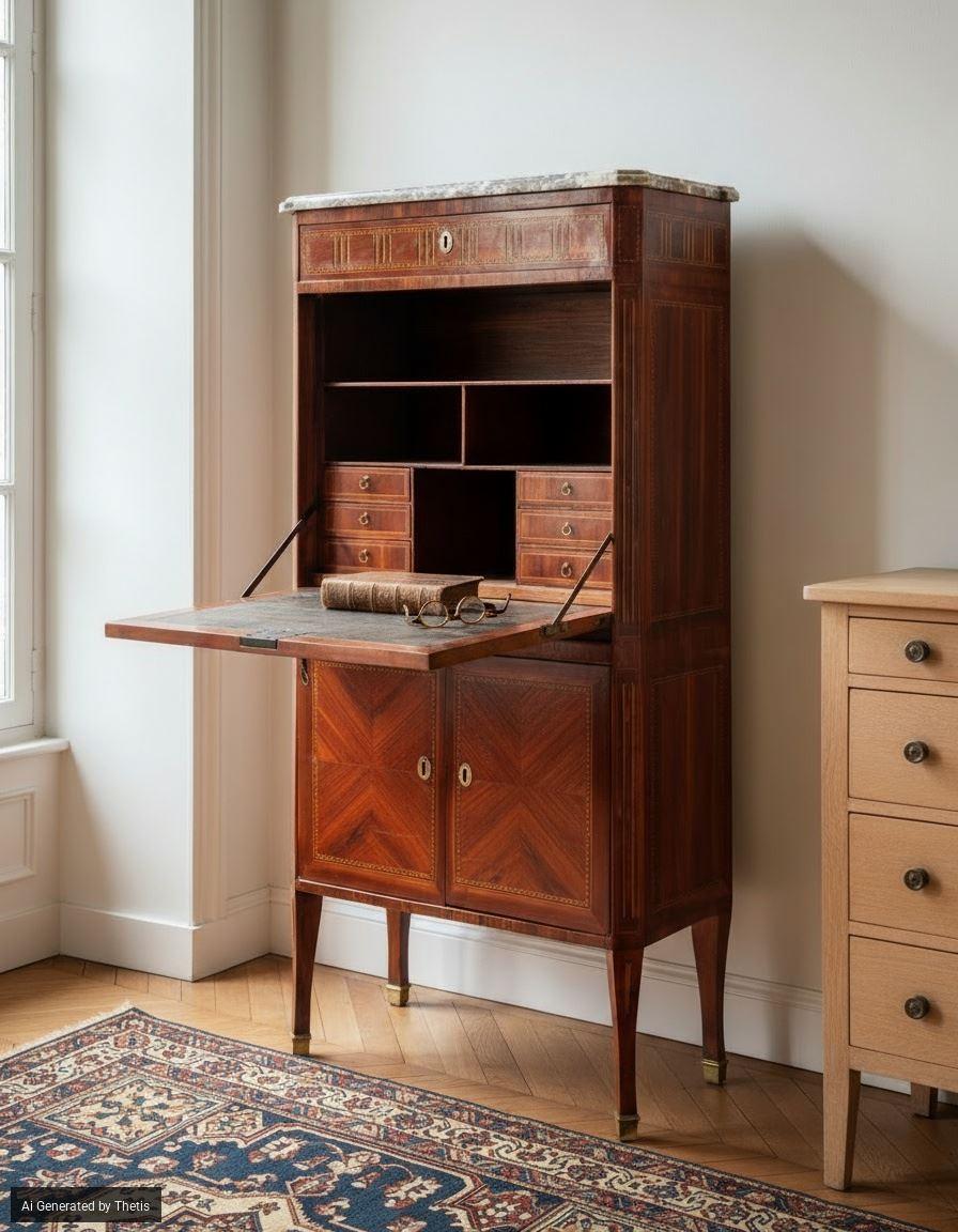 Secrétaire lambrissé et marqueté de différents bois, France, fin du XVIIIe siècle Bon état - En vente à Milano, IT