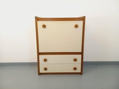 Secrétaire meuble de rangement vintage en bois de chêne et mélaminé blanc écru