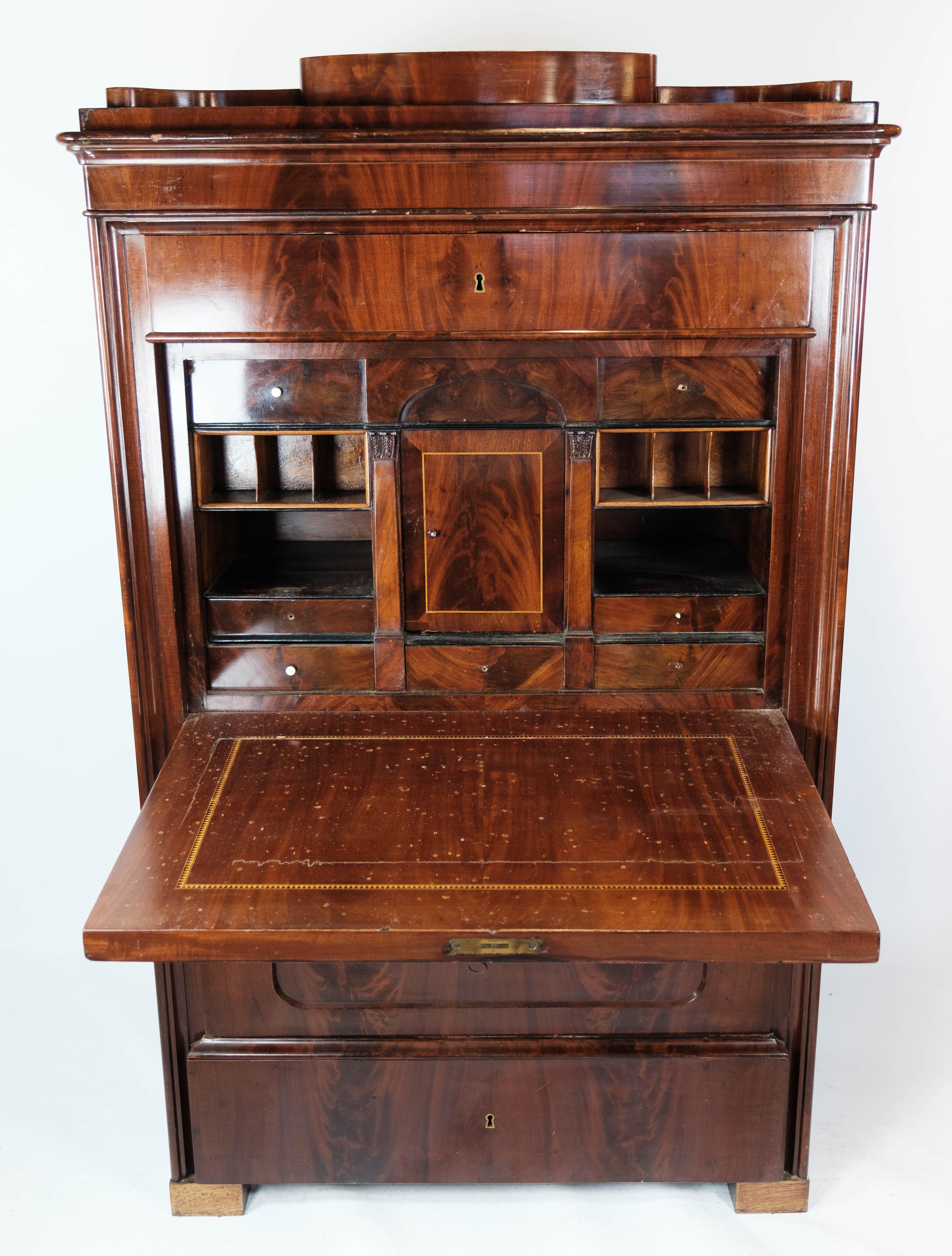 Secretary Made In Mahogany WQith Inlaid Wood From 1840s In Good Condition For Sale In Lejre, DK