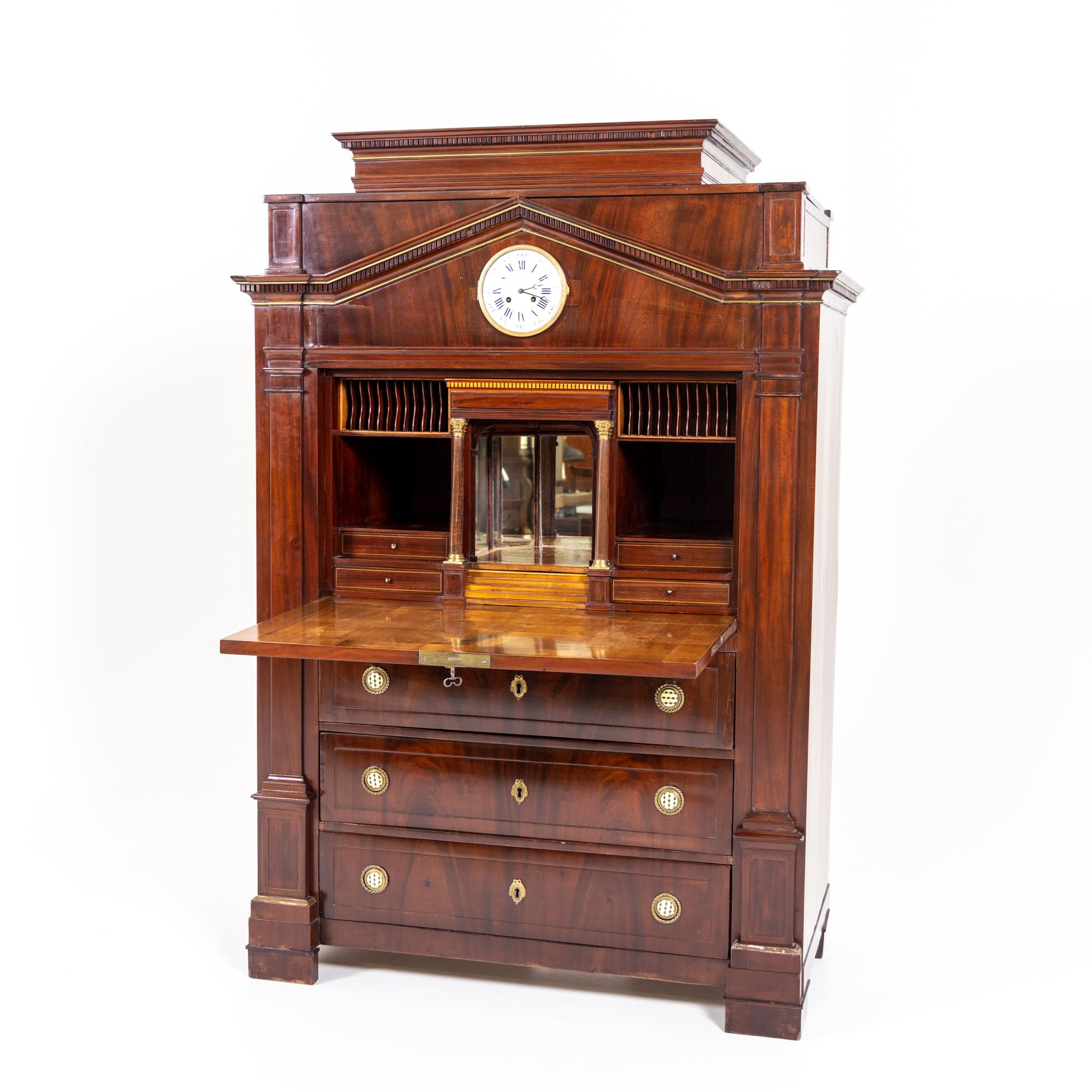 Neoclassical Neoclassiacal Mahogany Secretaire with Clock, Probably Berlin around 1800 For Sale