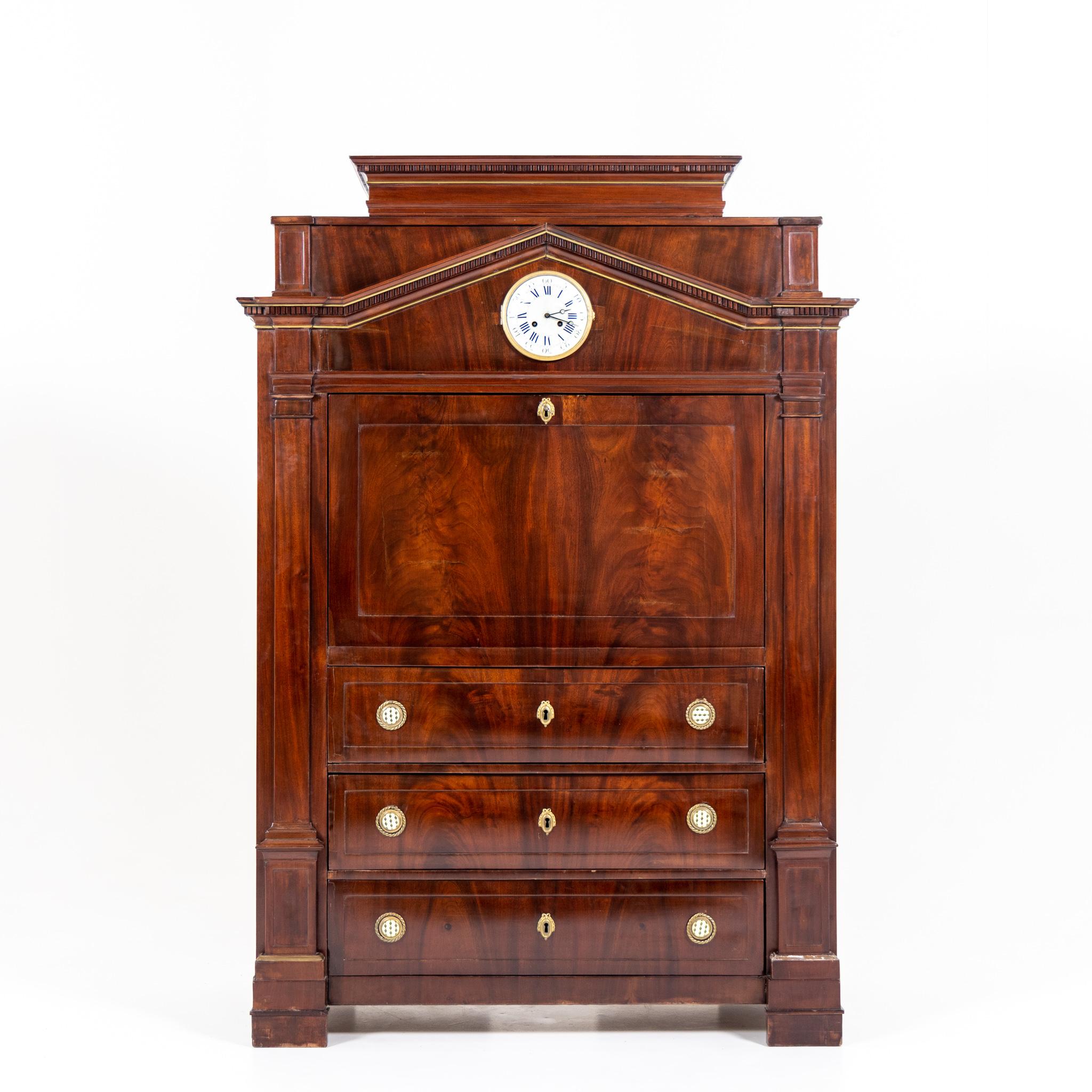 German Neoclassiacal Mahogany Secretaire with Clock, Probably Berlin around 1800 For Sale