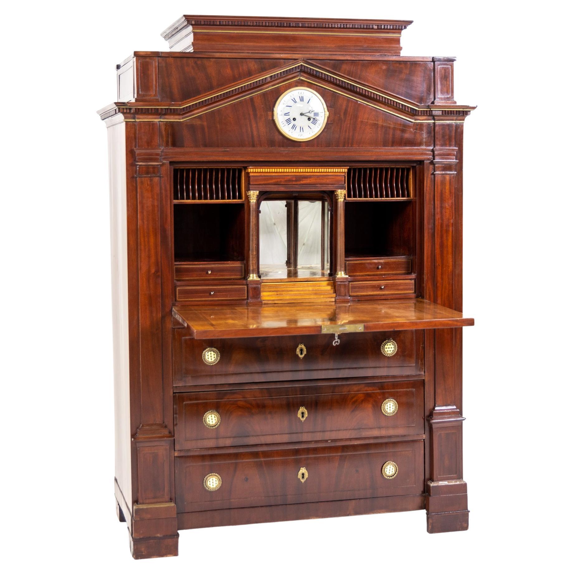 Neoclassiacal Mahogany Secretaire with Clock, Probably Berlin around 1800 For Sale