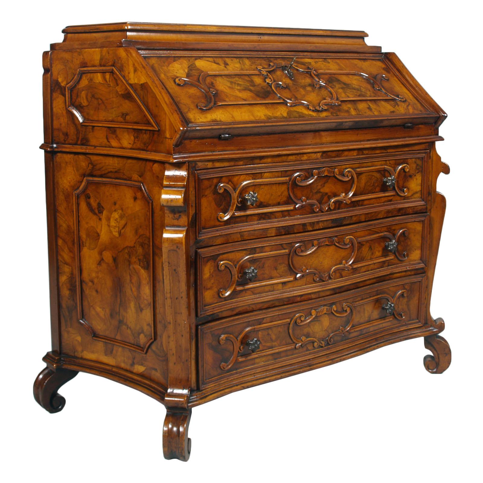 Secretary Desk 700s Lombard by "Bottega Milanese Dei Valentini", walnut & burl For Sale