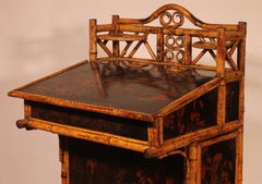 Secretary/davenport In Bamboo And Lacquer With Asian Decor - 19th Century