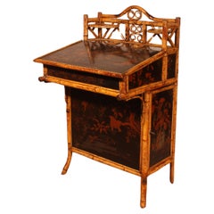 Antique Secretary/davenport In Bamboo And Lacquer With Asian Decor - 19th Century