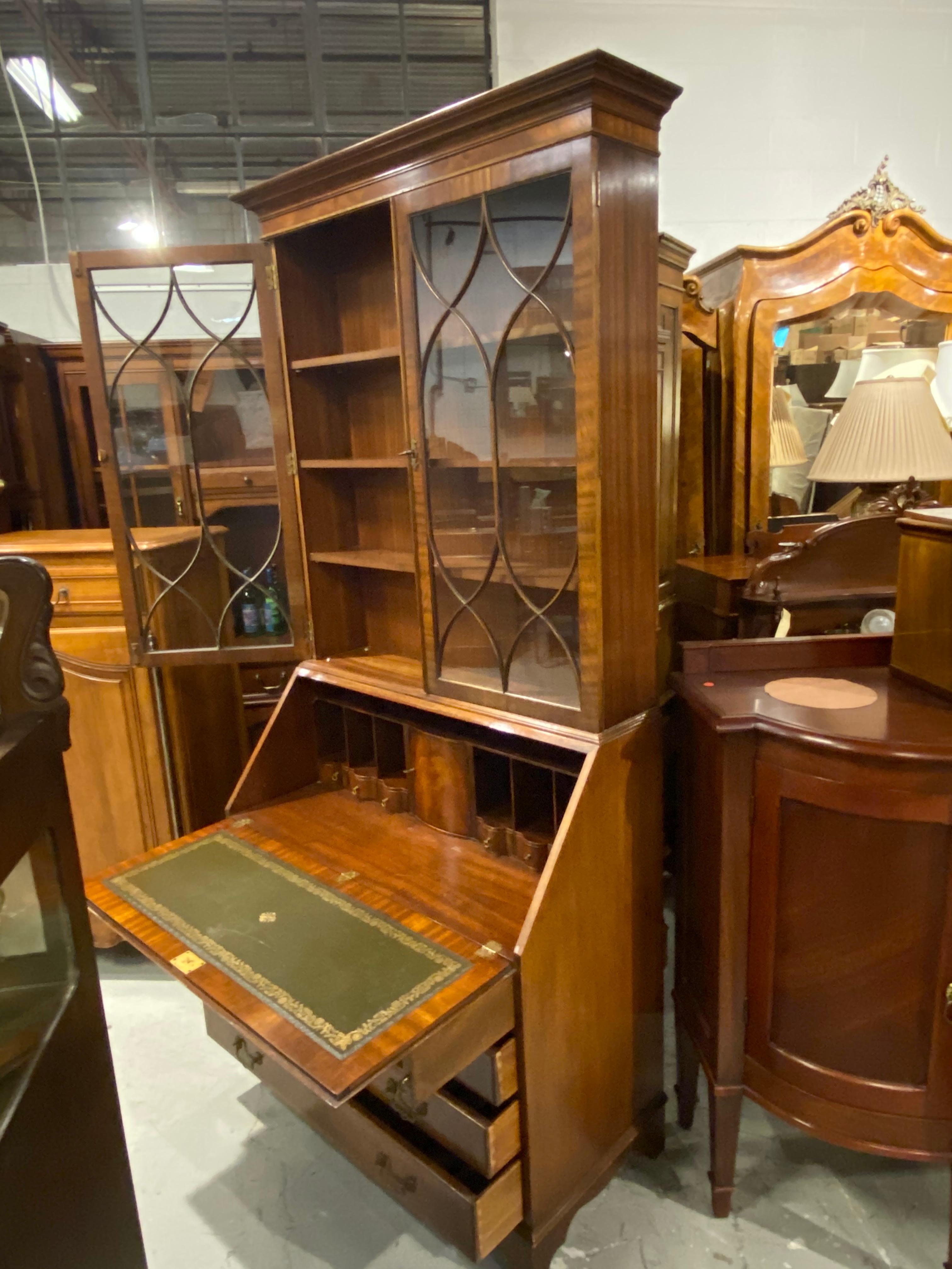 Secretary Desk, English,  Bookcase Top, Hand Glazed Doors, with Drawers 5