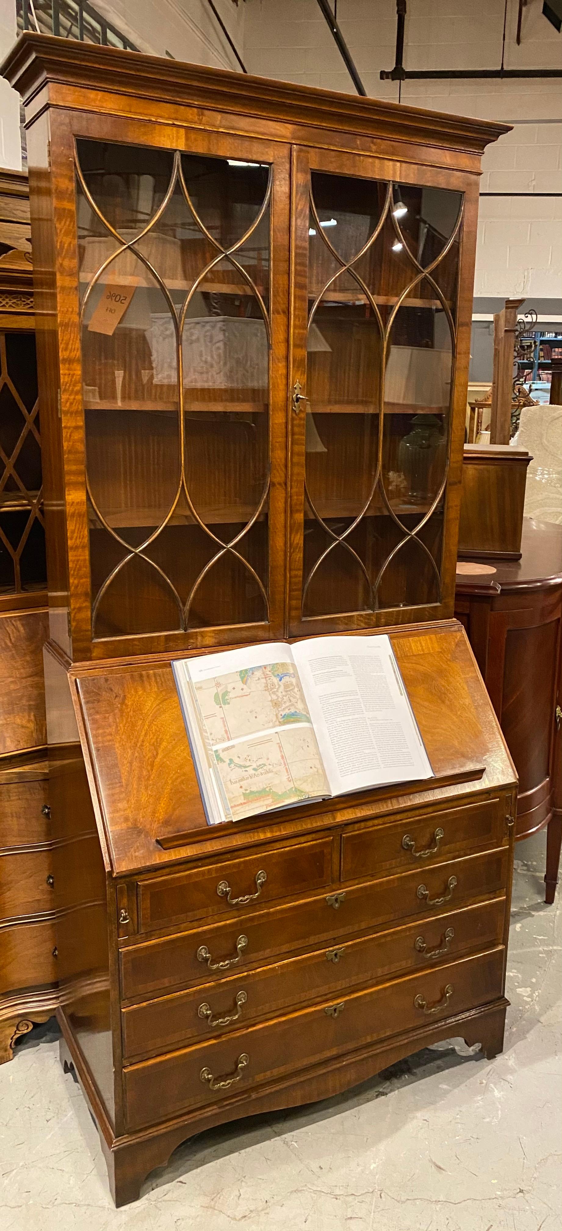 Georgian Secretary Desk, English,  Bookcase Top, Hand Glazed Doors, with Drawers