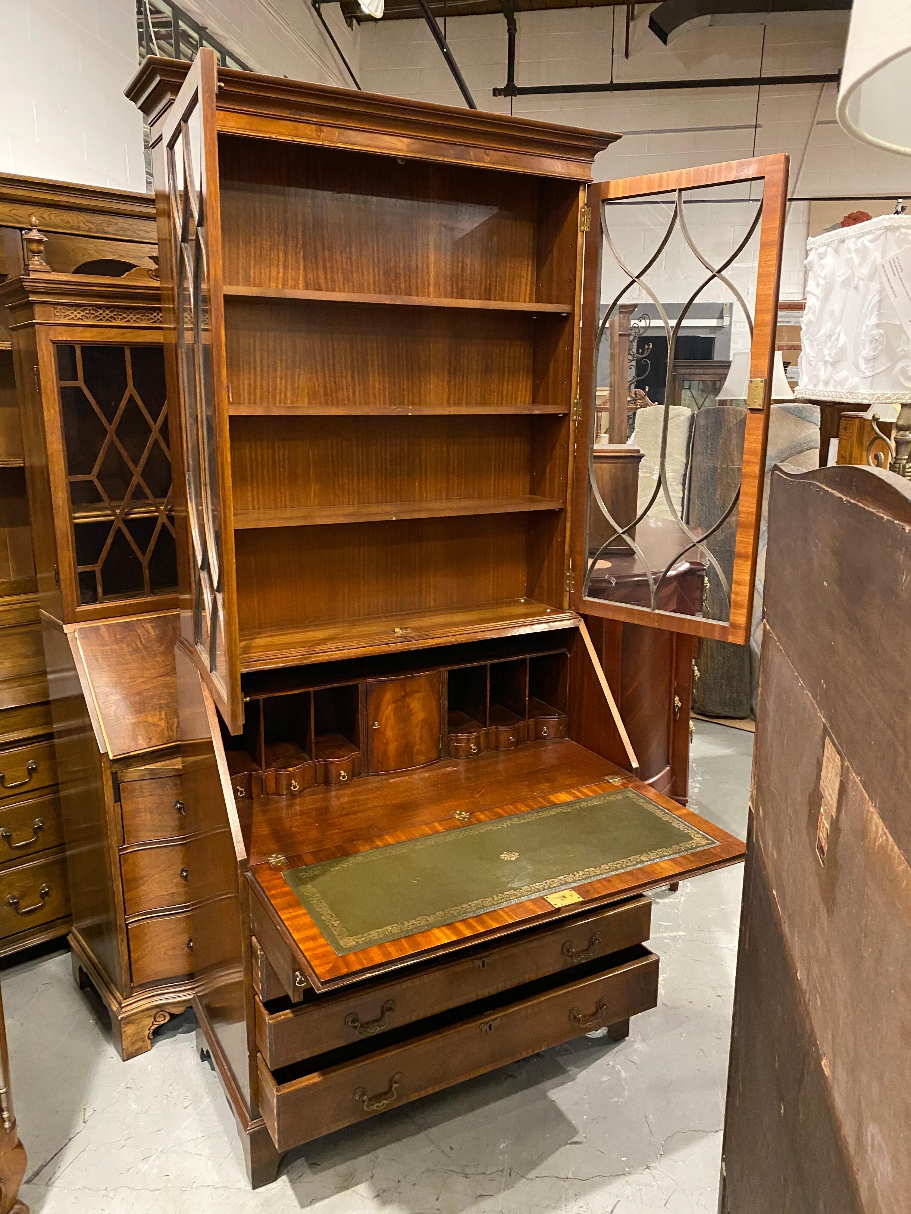 20th Century Secretary Desk, English,  Bookcase Top, Hand Glazed Doors, with Drawers