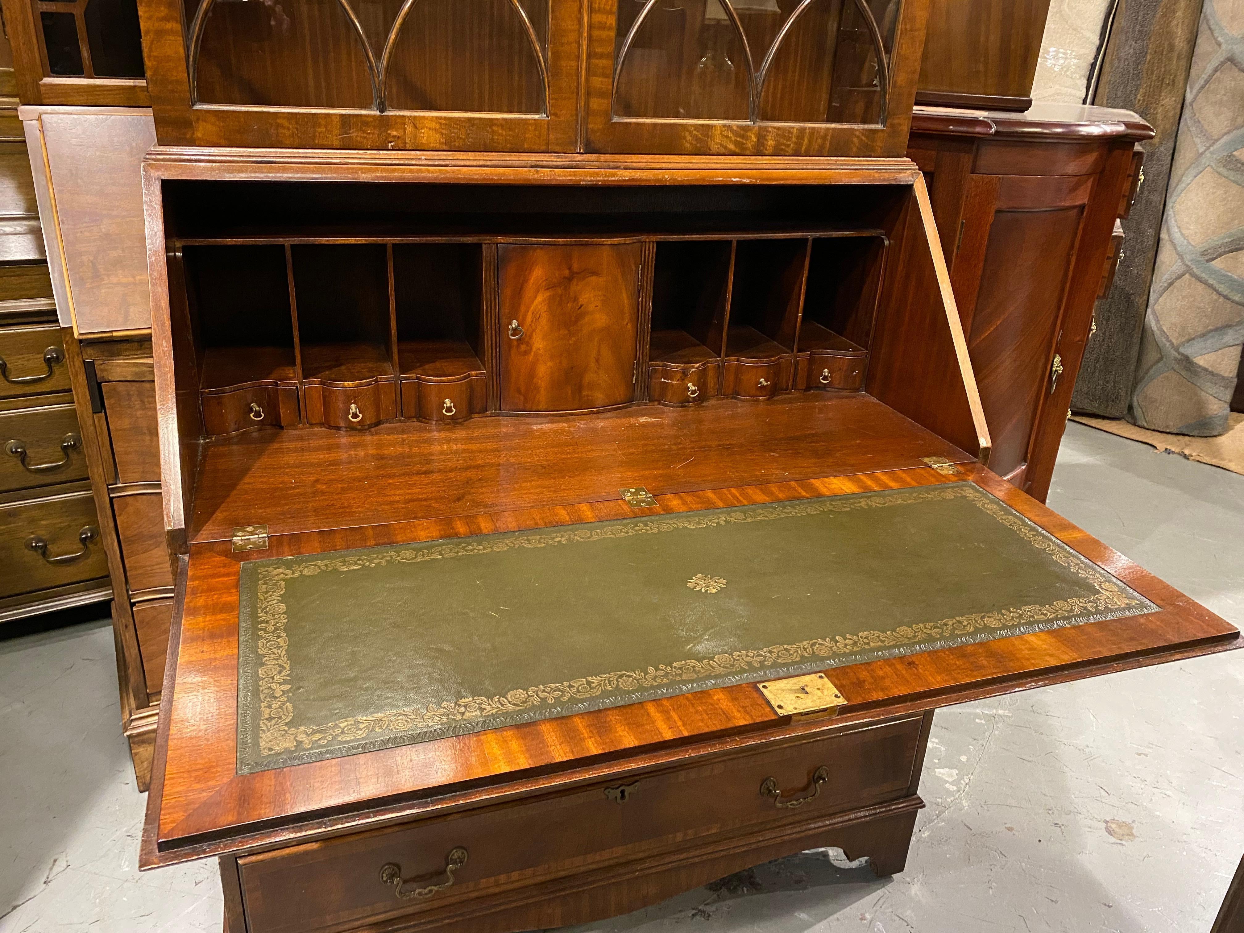 Wood Secretary Desk, English,  Bookcase Top, Hand Glazed Doors, with Drawers