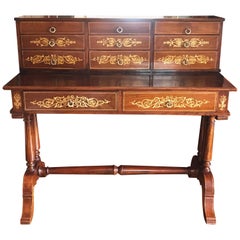 Antique Secretary Desk, Spanish Style Mahogany Wood with Stenciled Drawer Fronts