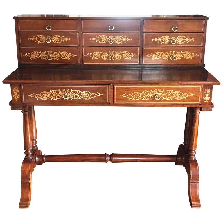 Secretary Desk, Spanish Style Mahogany Wood with Stenciled Drawer