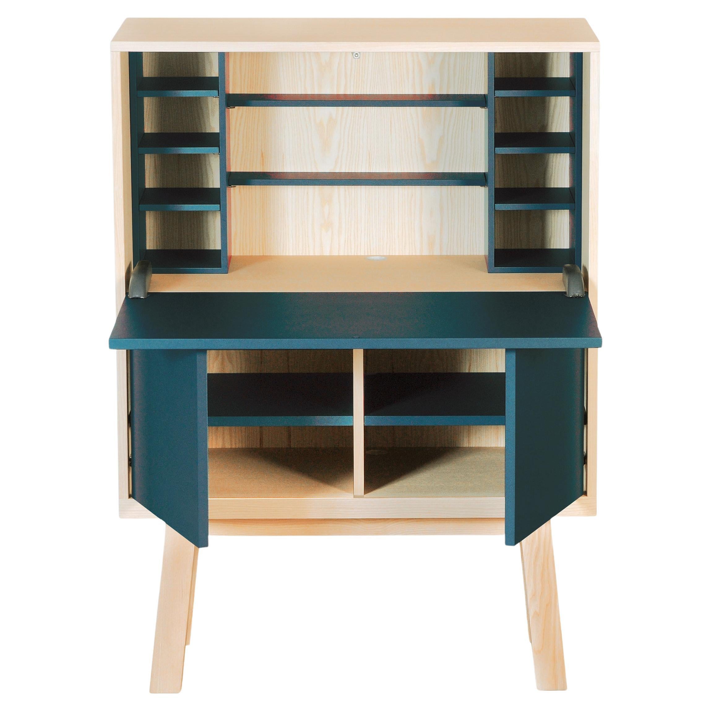blue French secrétaire desk with storage room, design by E. Gizard, Paris For Sale