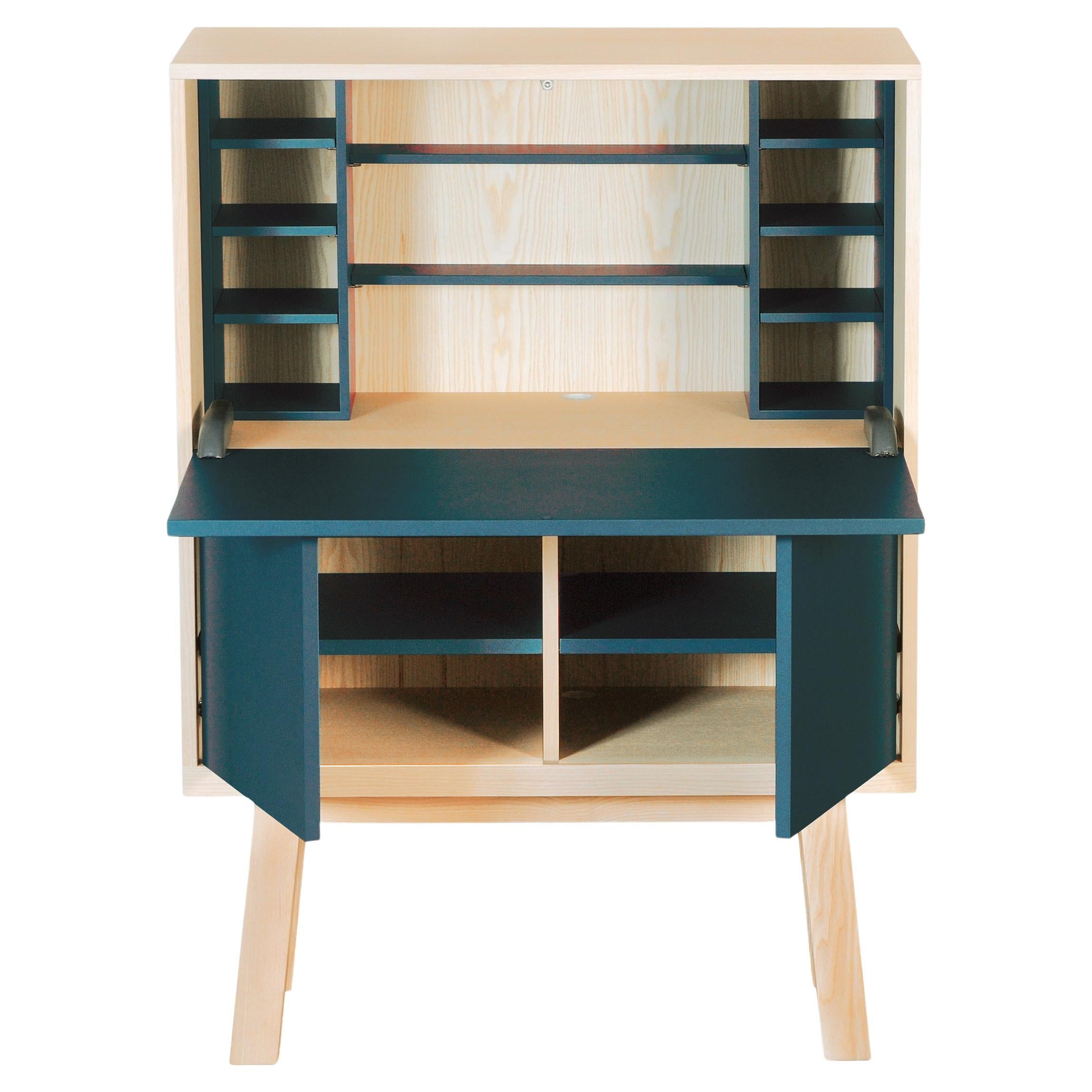 blue French secrétaire desk with storage room, design by E. Gizard, Paris