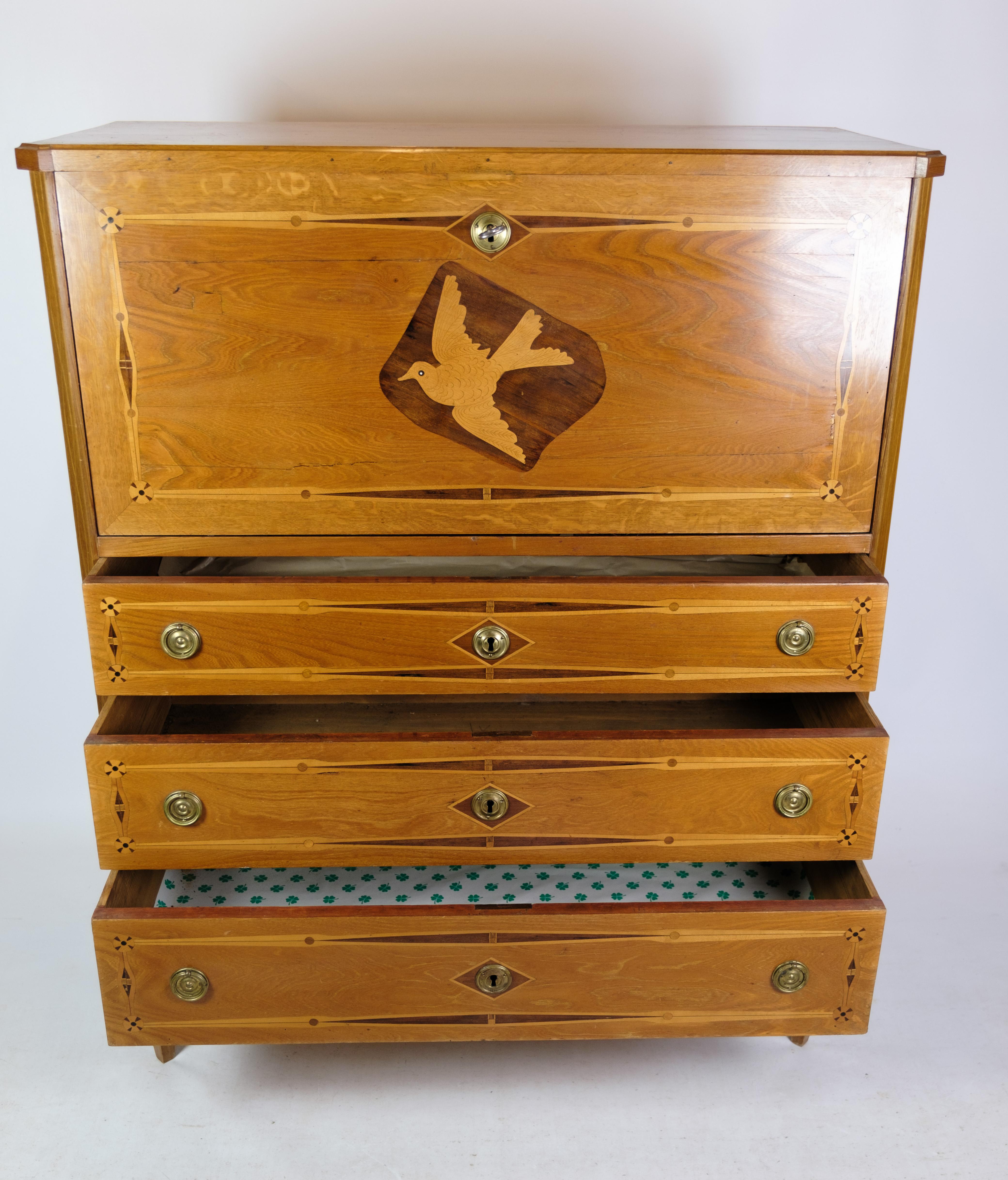 Late 18th Century Secretary in Mahogany With Inlaid wood and Brass Handles from the 1790s For Sale