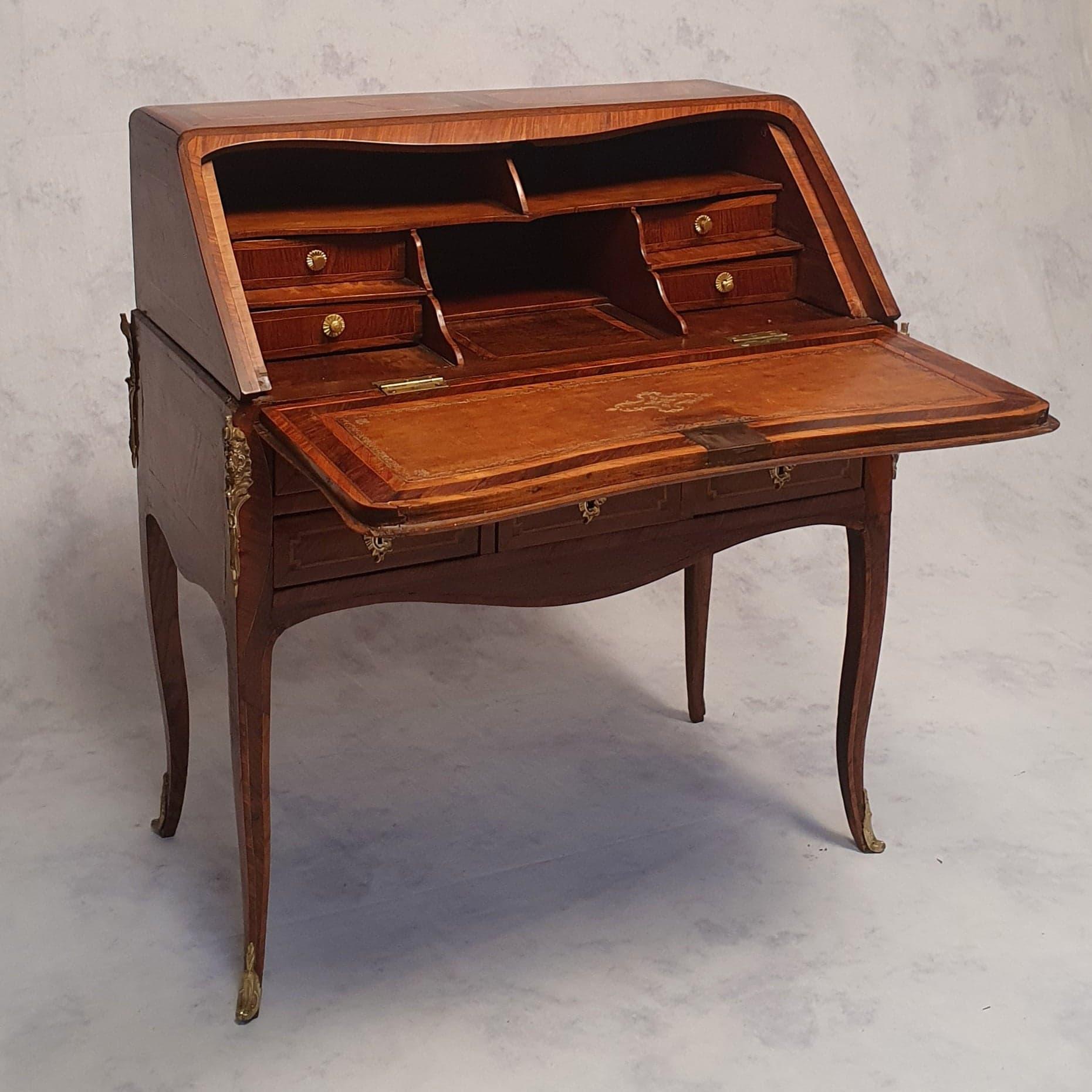 Sloping desk / sloping secretary / back donkey secretary from the Louis XV, Louis XVI transition period. Very high quality 18th century work. The subtly arched feet typical of the Louis XV style support a straighter body dressed in Greek specific to