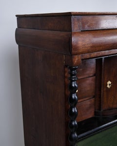 Secretary With 4 Drawers In Polished Oak & Green Felt Cloth With Brass Handles