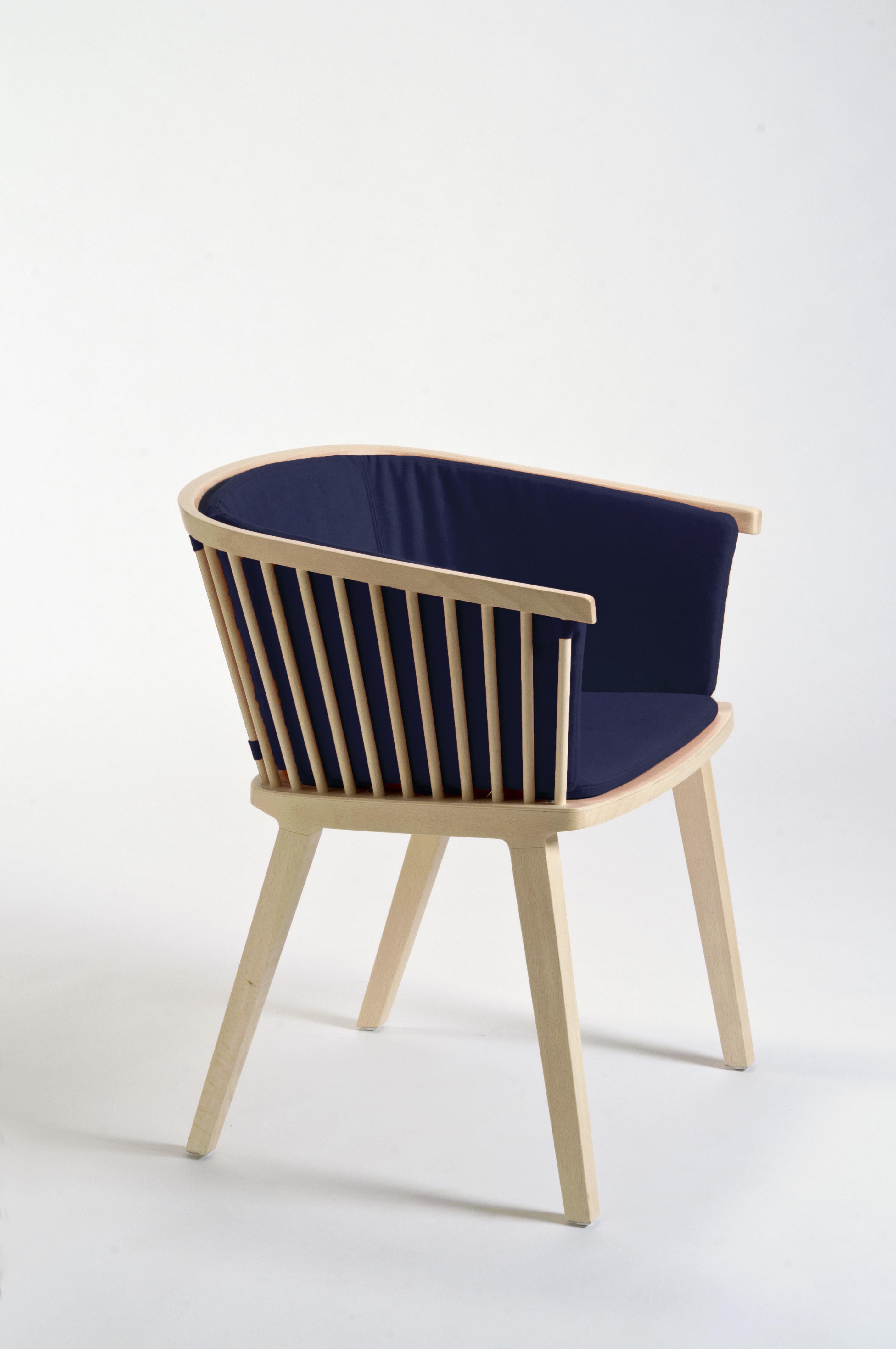 Secreto Contemporary Armchair in Beechwood, Blue Velvet Cushion, Made in Italy For Sale 1