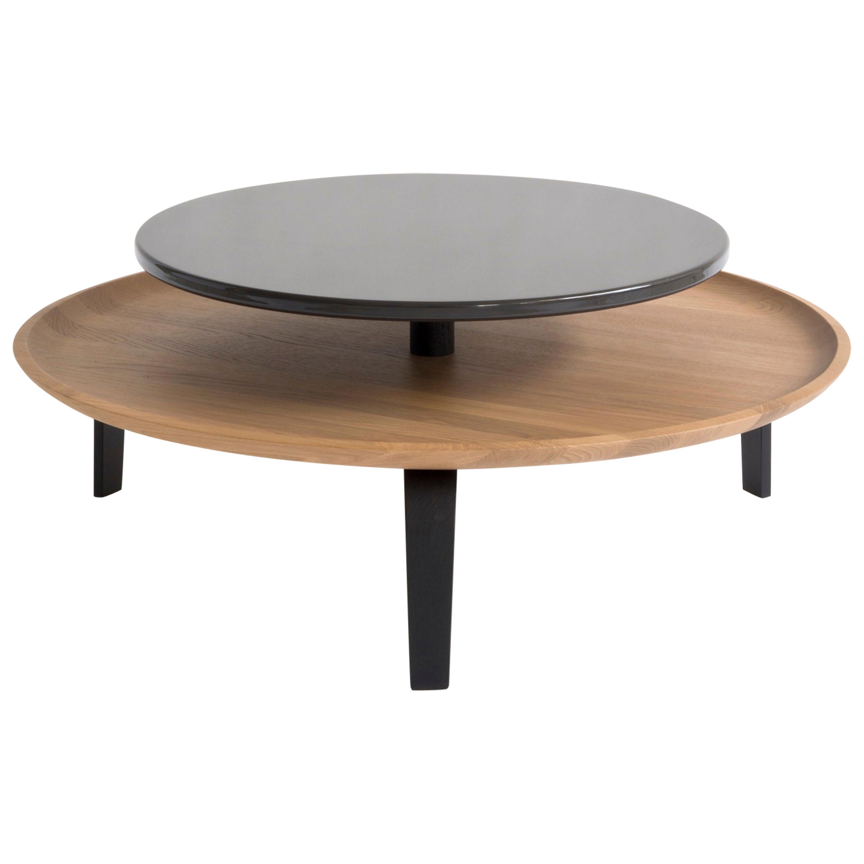 Secreto Round Coffee Table by Colé, Natural Oak and Black Lacquered Top For Sale