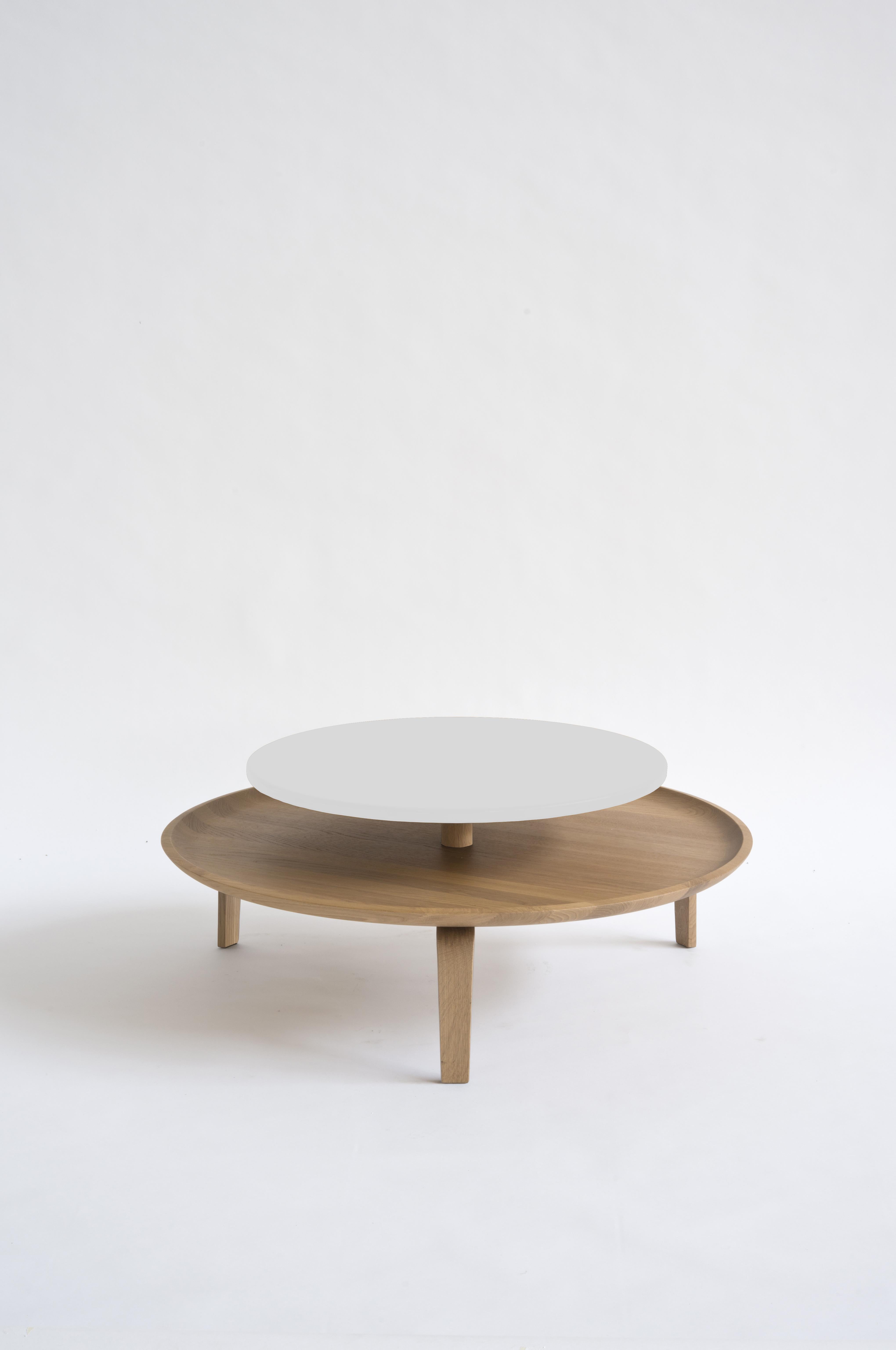 Modern Secreto Round Coffee Table by Colé, Natural Oak and Orange Lacquered Top For Sale