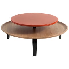 Secreto Round Coffee Table by Colé, Natural Oak and Orange Lacquered Top