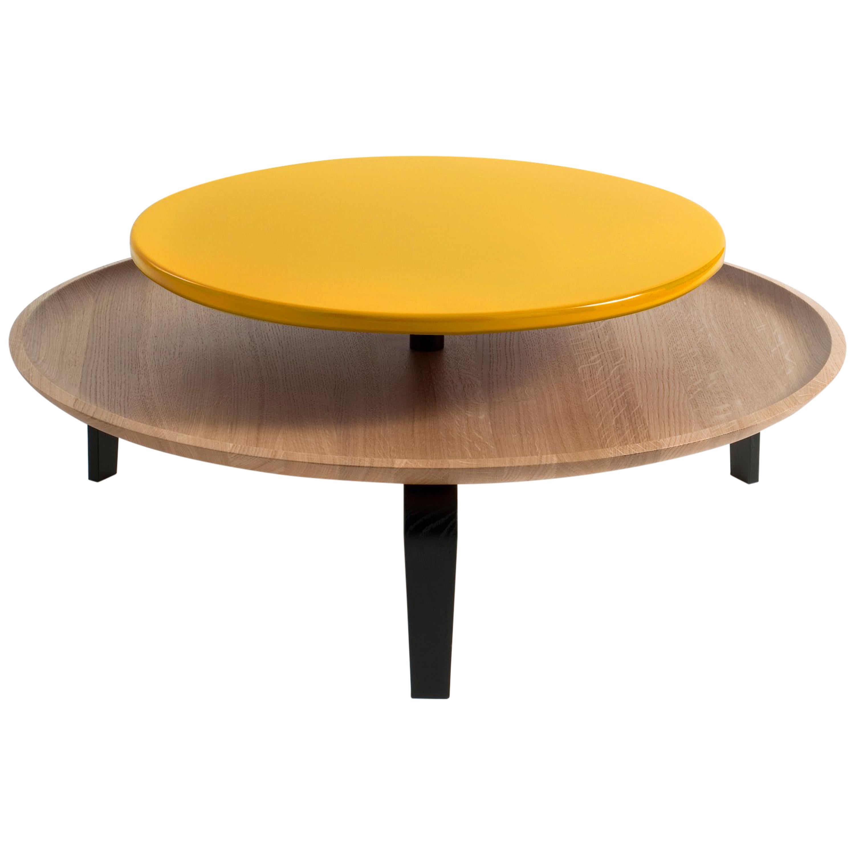 Secreto Round Coffee Table by Colé, Natural Oak and Yellow Lacquered Top