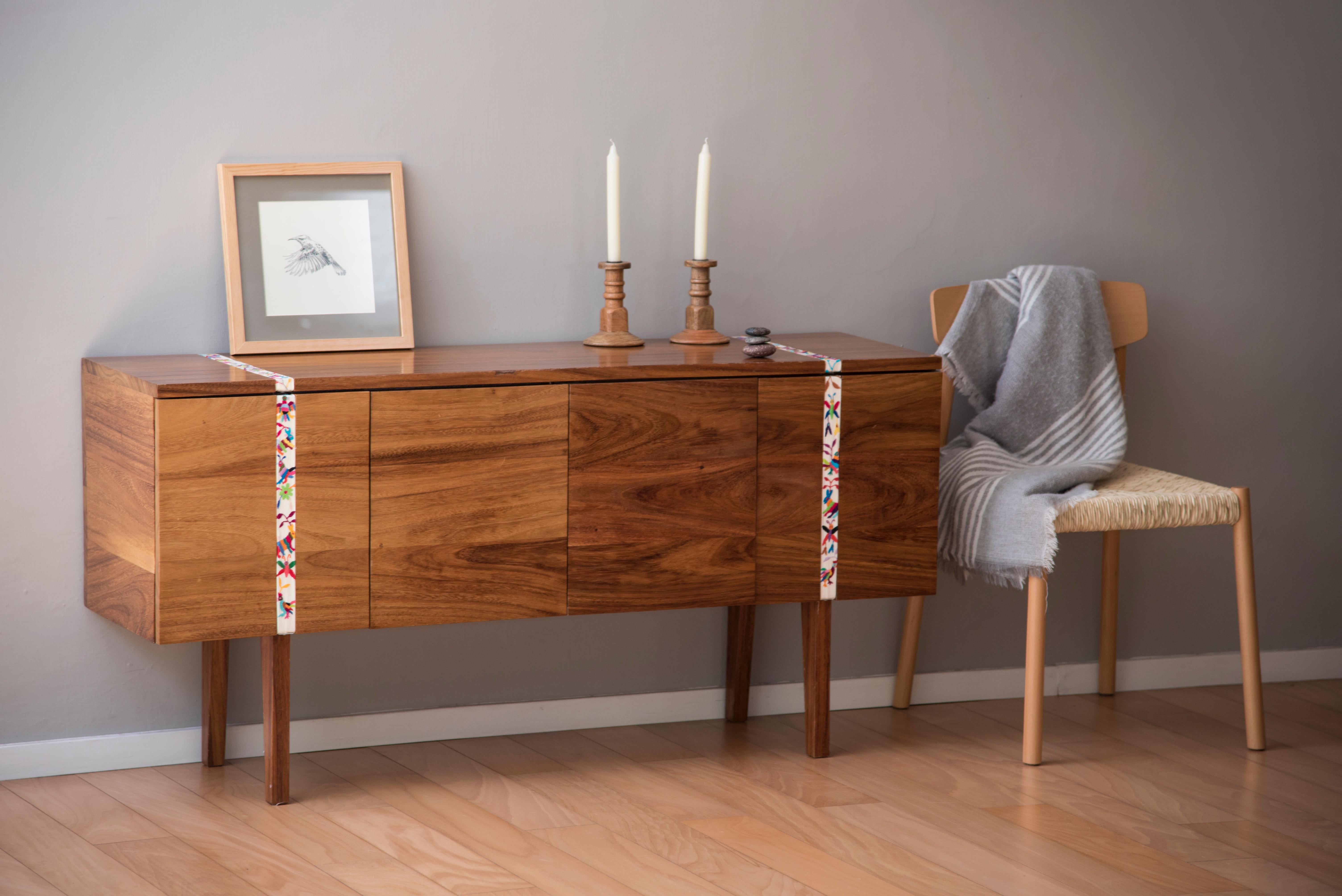 Modern Sideboard in Parota Wood with Handmade Embroidery Detail For Sale