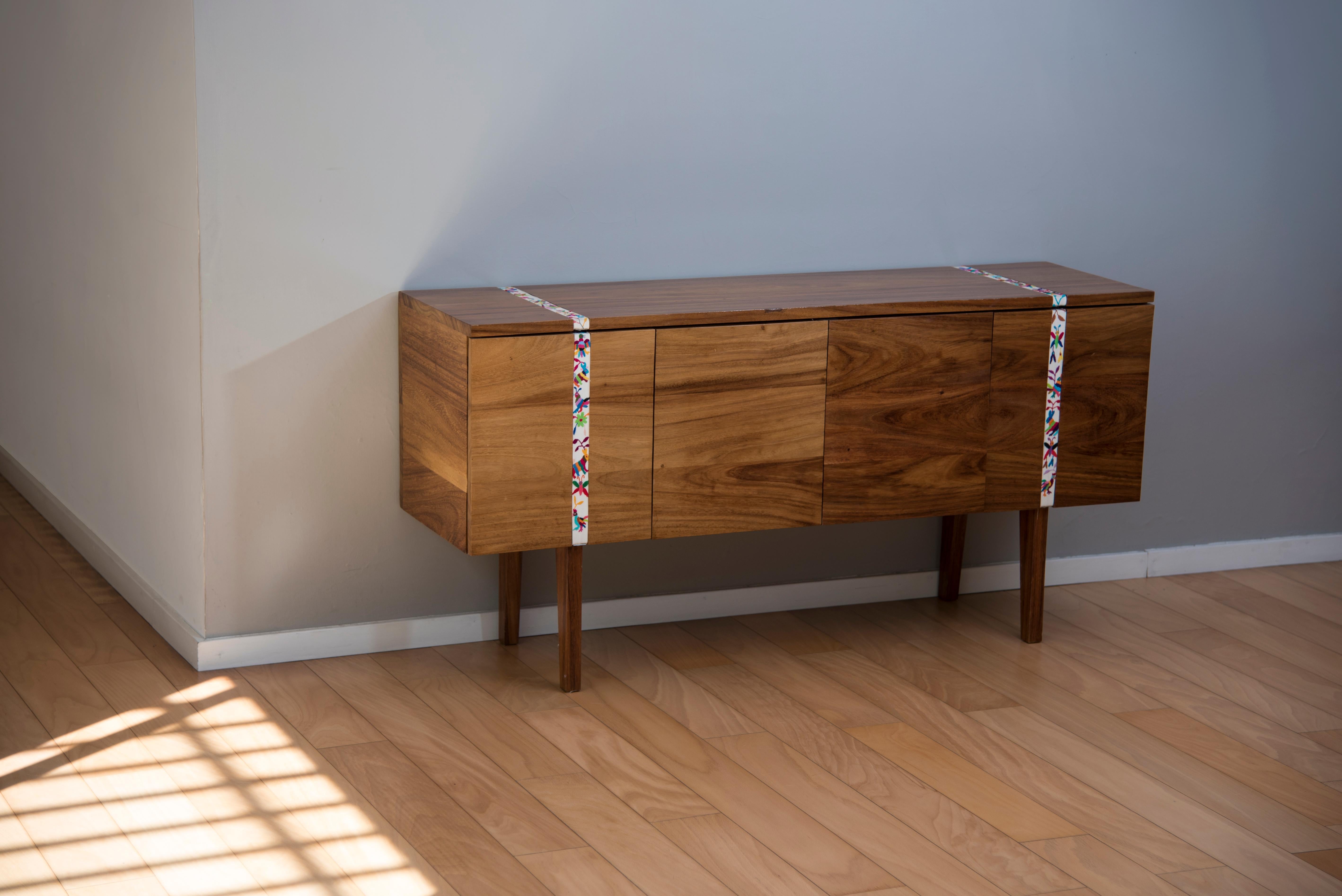 Contemporary Sideboard in Parota Wood with Handmade Embroidery Detail For Sale