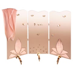 "Secrets"Contemporary Screen, one of a kind, Satin Silk, Brass, Silvered Glass 