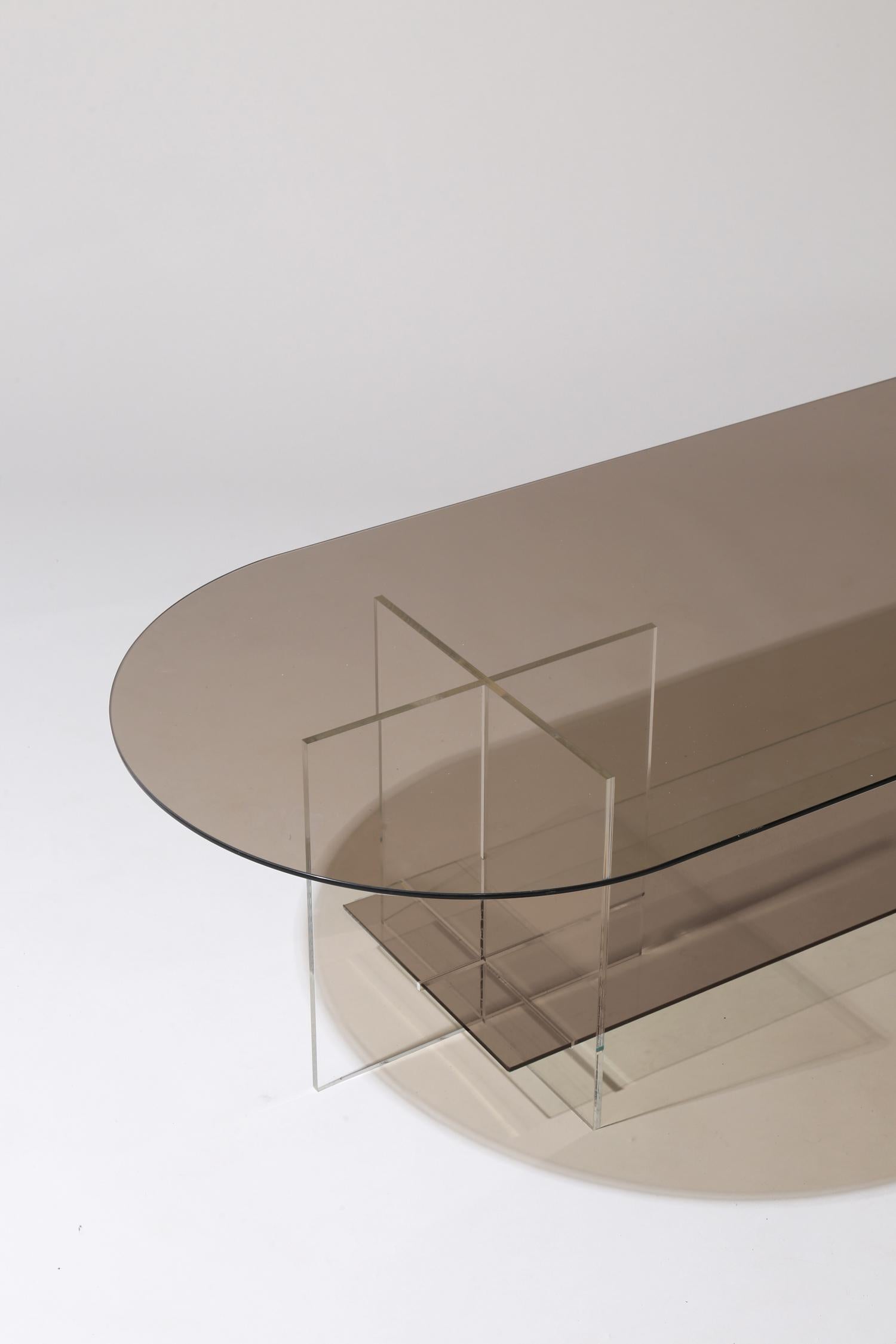 Modern Section Coffee Table, Bronze Glass / Clear Acrylic For Sale