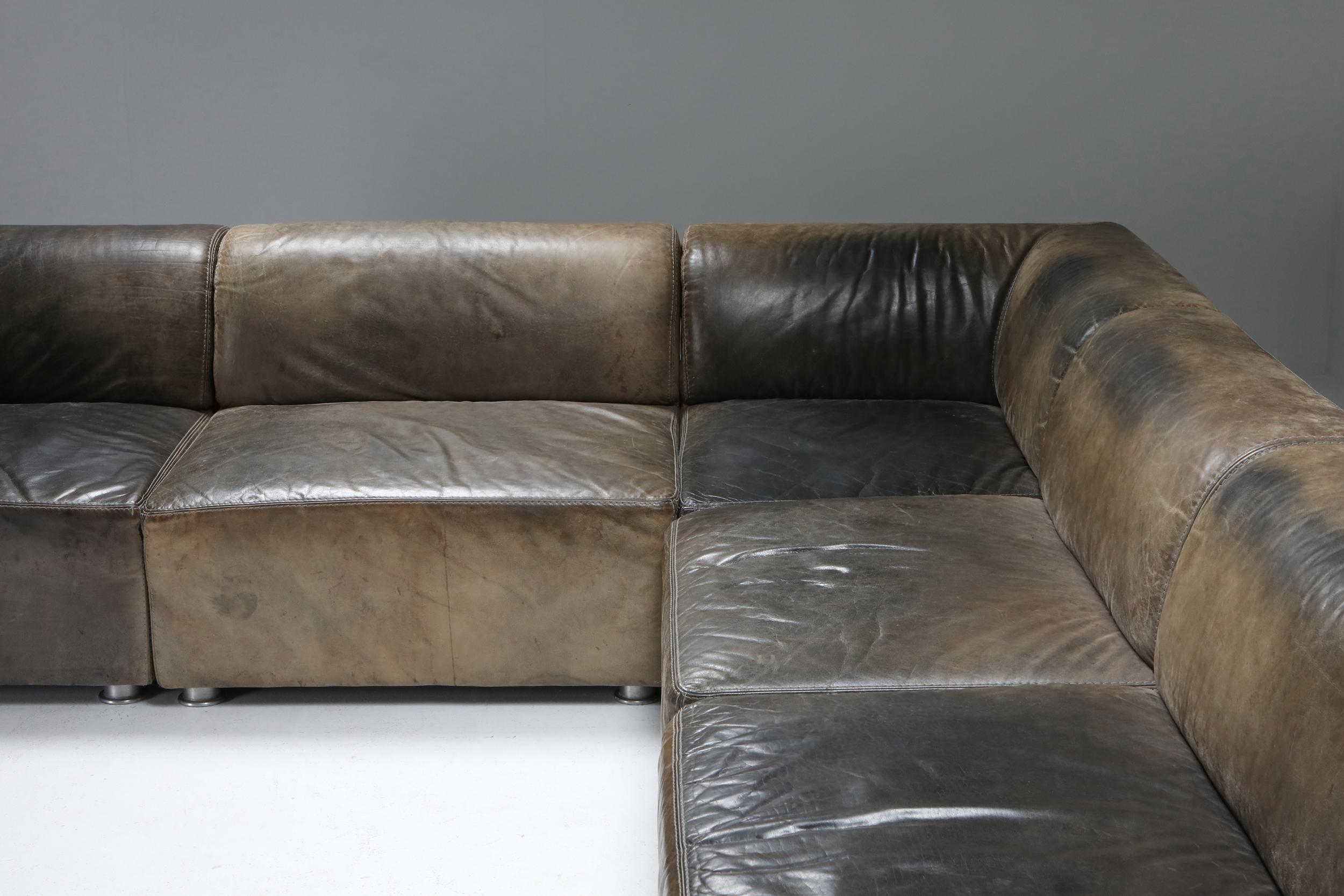 Sectional Corner Sofa in Patinated Leather, Durlet, 1980s 4