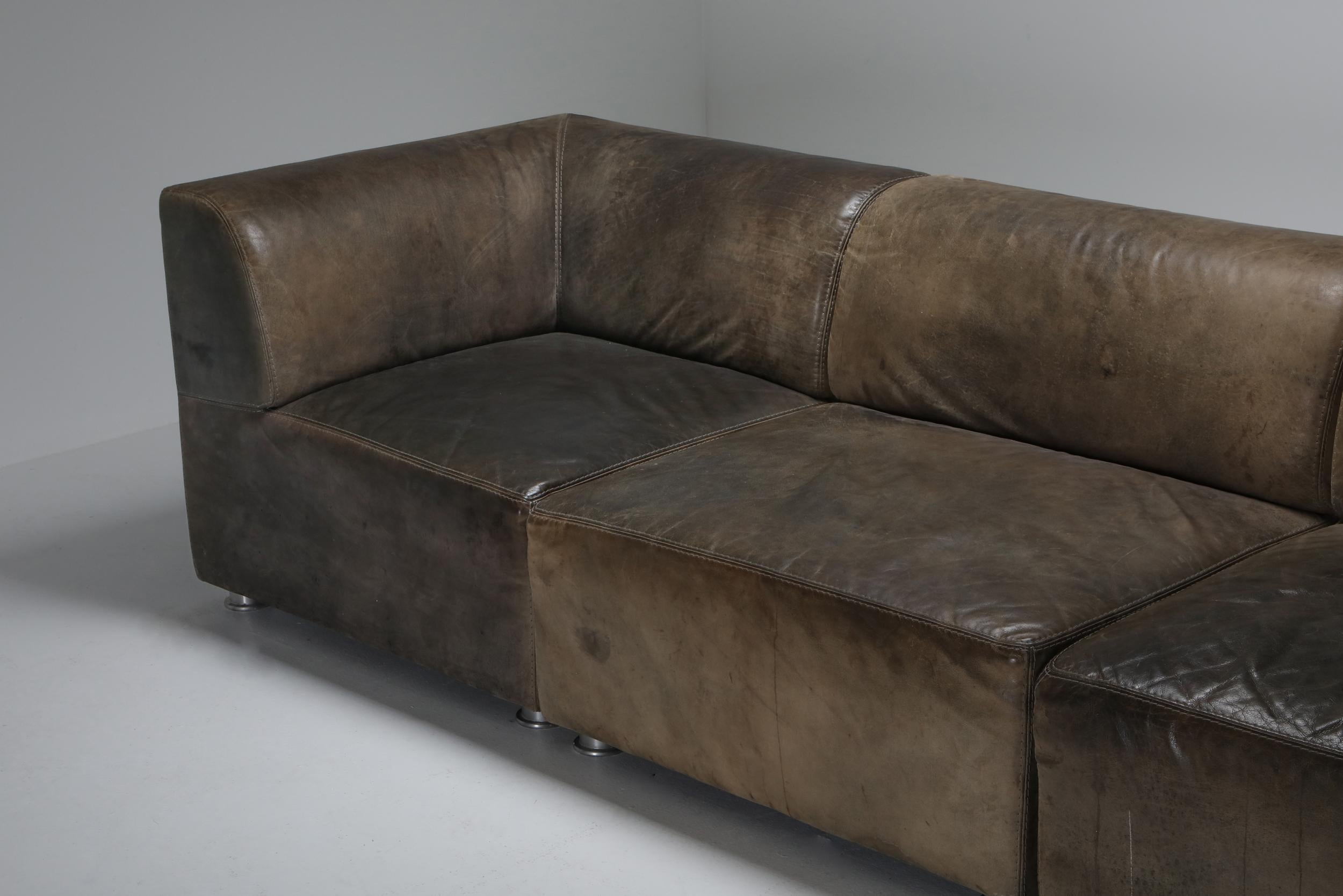 Sectional Corner Sofa in Patinated Leather, Durlet, 1980s 13