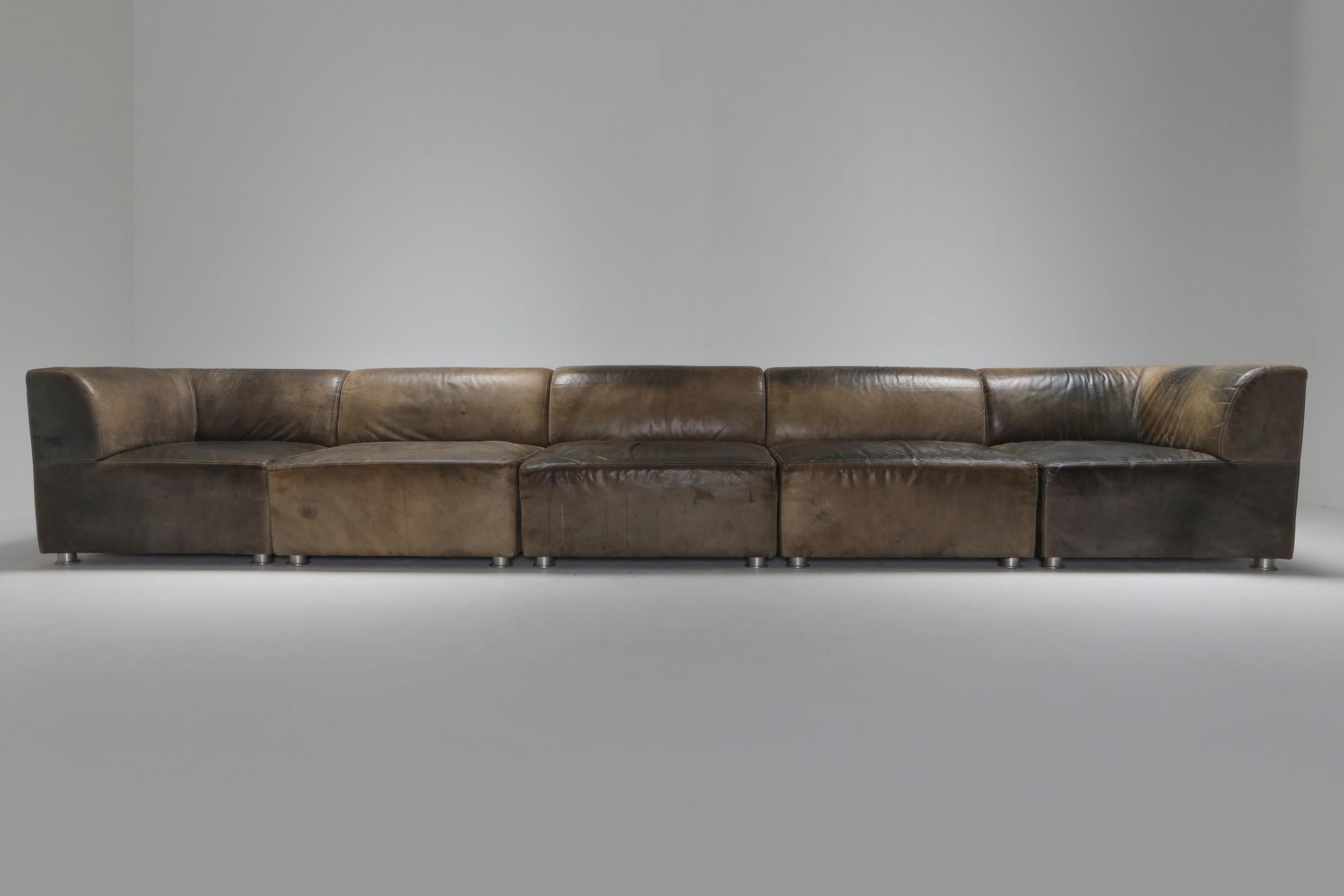 Post-Modern Sectional Corner Sofa in Patinated Leather, Durlet, 1980s
