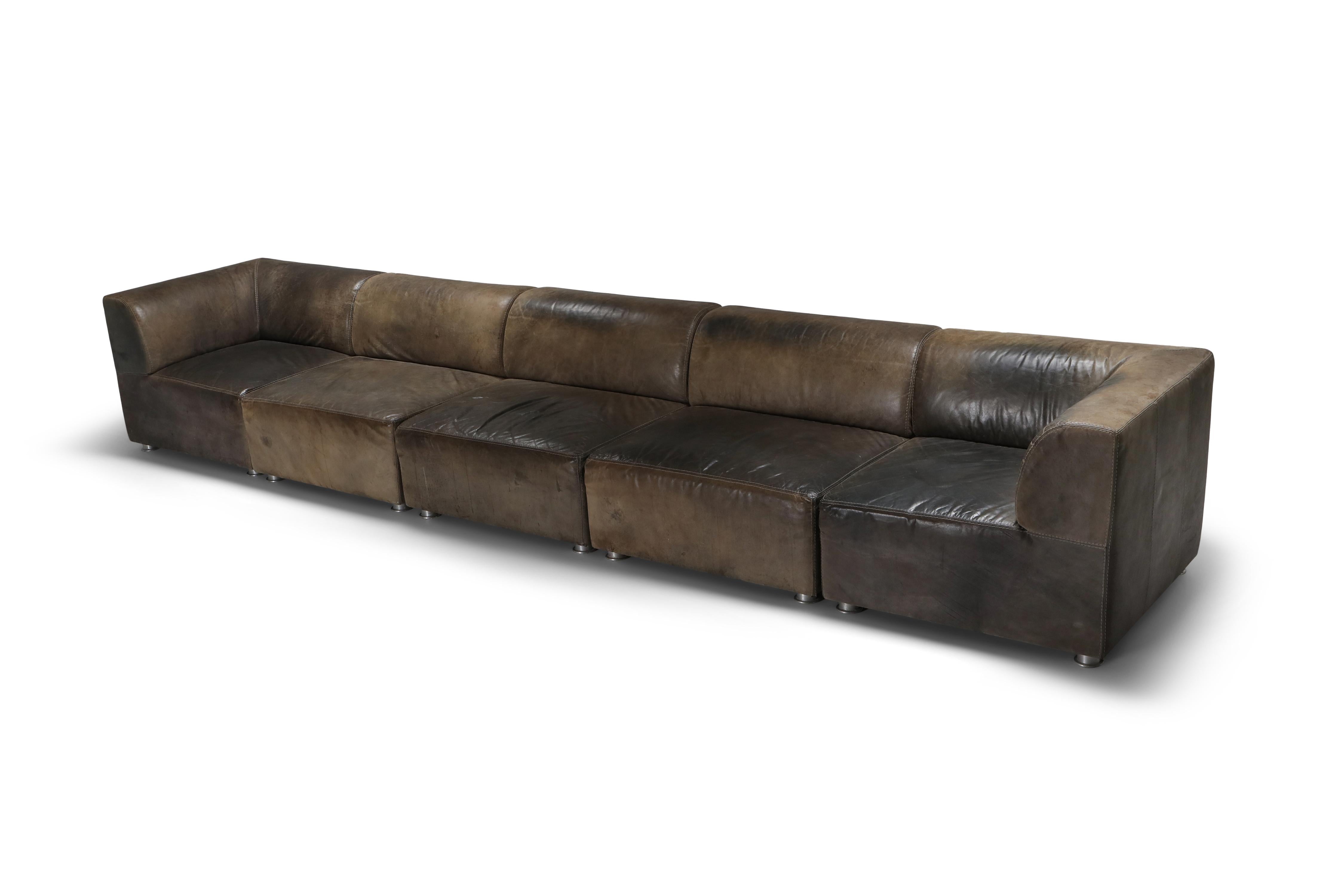 Sectional Corner Sofa in Patinated Leather, Durlet, 1980s In Good Condition In Antwerp, BE