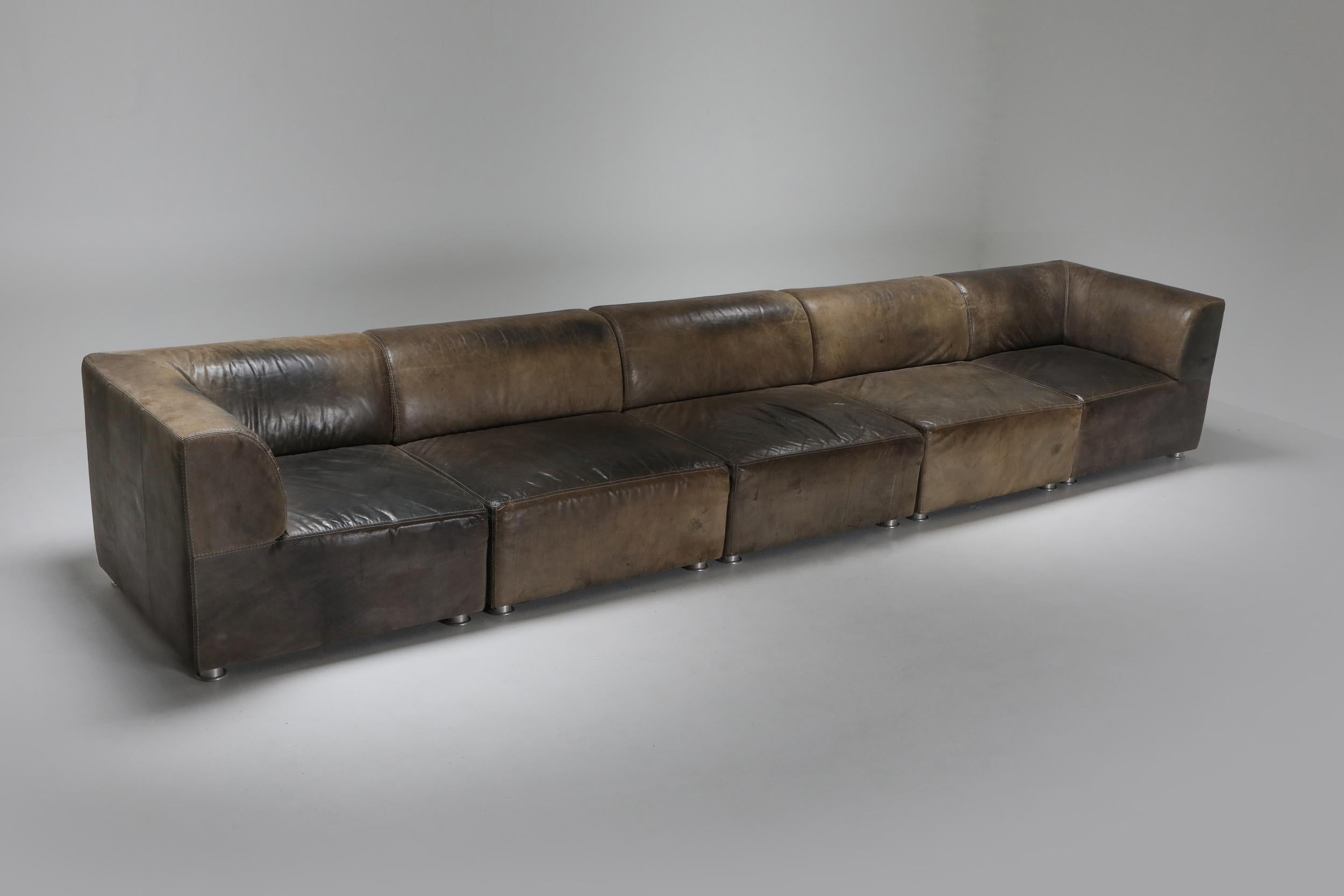 20th Century Sectional Corner Sofa in Patinated Leather, Durlet, 1980s