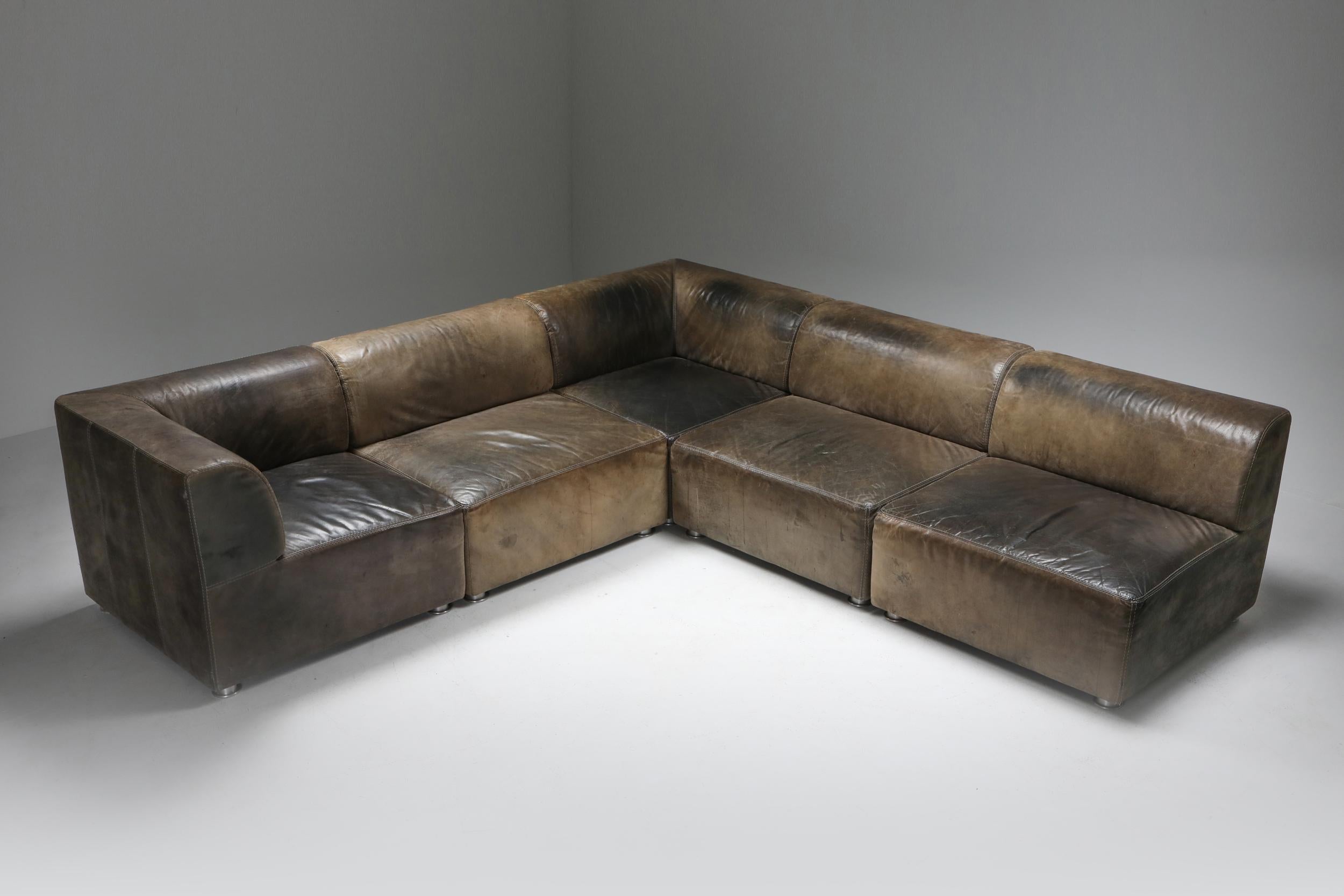 Sectional Corner Sofa in Patinated Leather, Durlet, 1980s 1