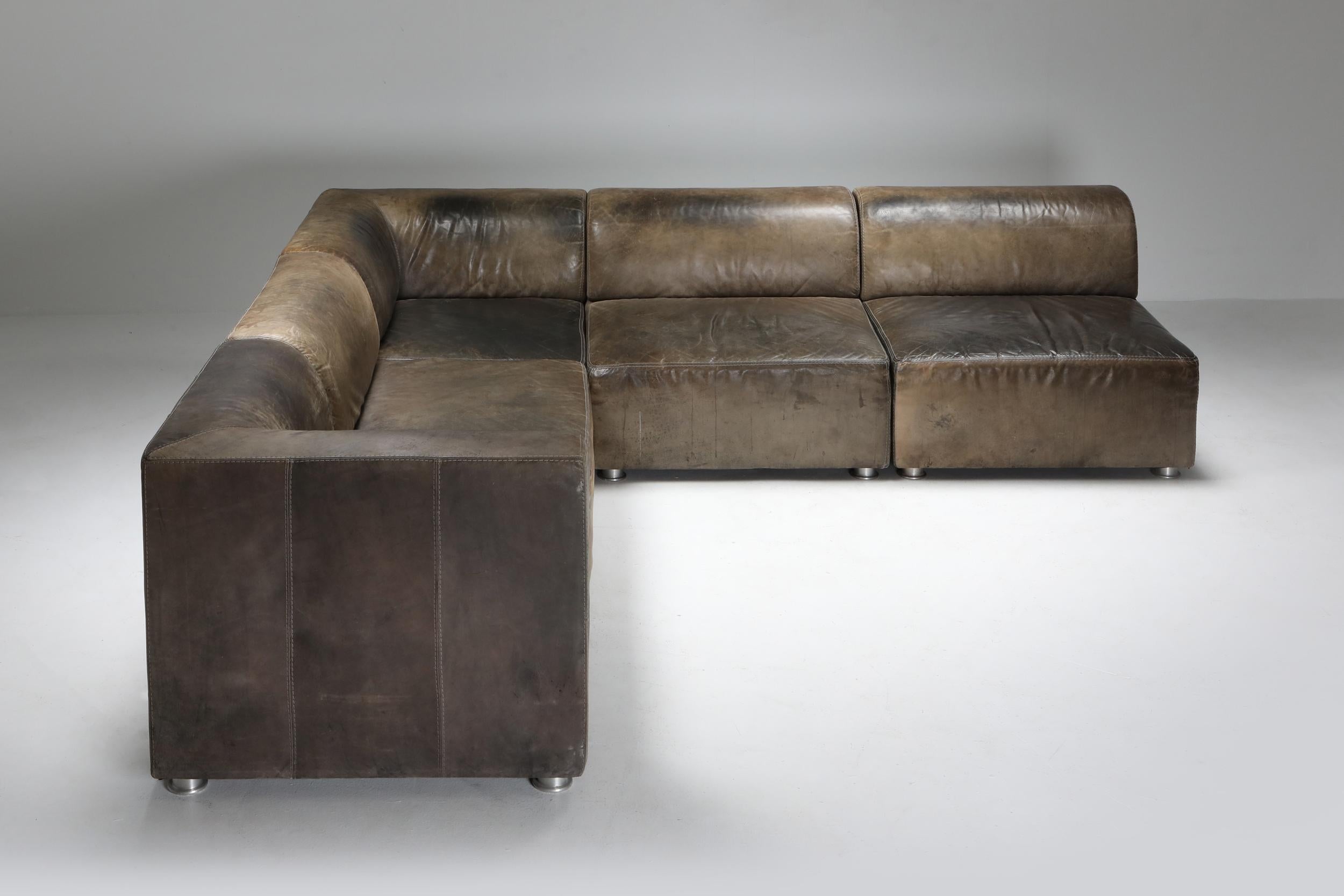 Sectional Corner Sofa in Patinated Leather, Durlet, 1980s 2