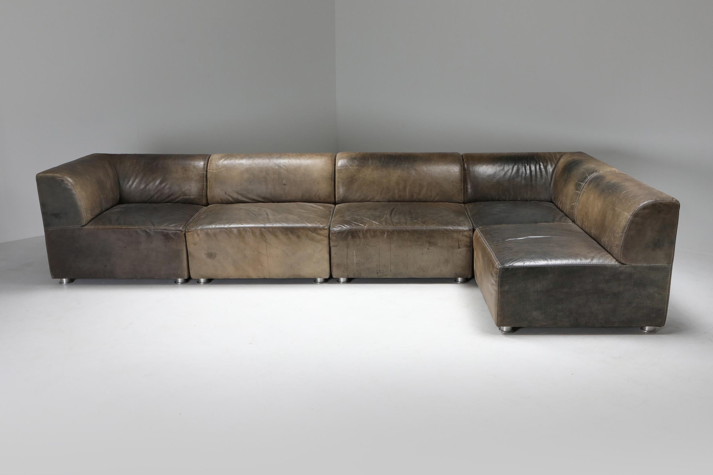 Sectional Corner Sofa in Patinated Leather, Durlet, 1980s 3