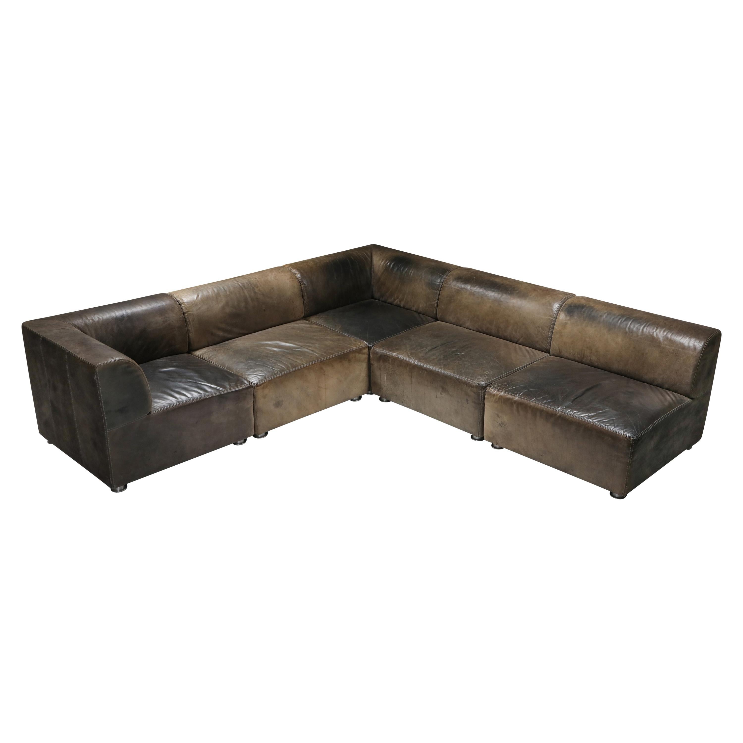 Sectional Corner Sofa in Patinated Leather, Durlet, 1980s