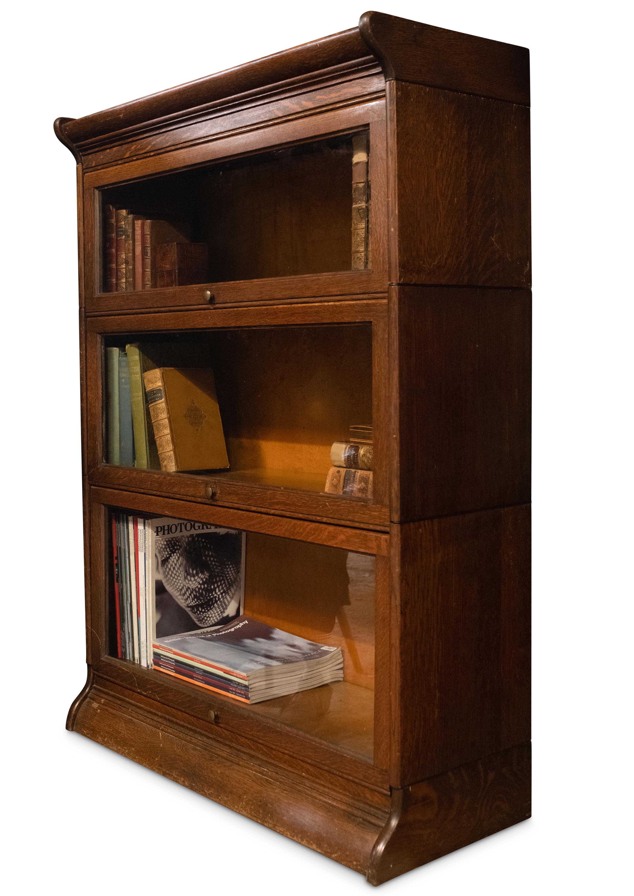 Industrial Globe Wernicke Style Sectional Glazed Three Tier Oak Barristers Bookcase  For Sale